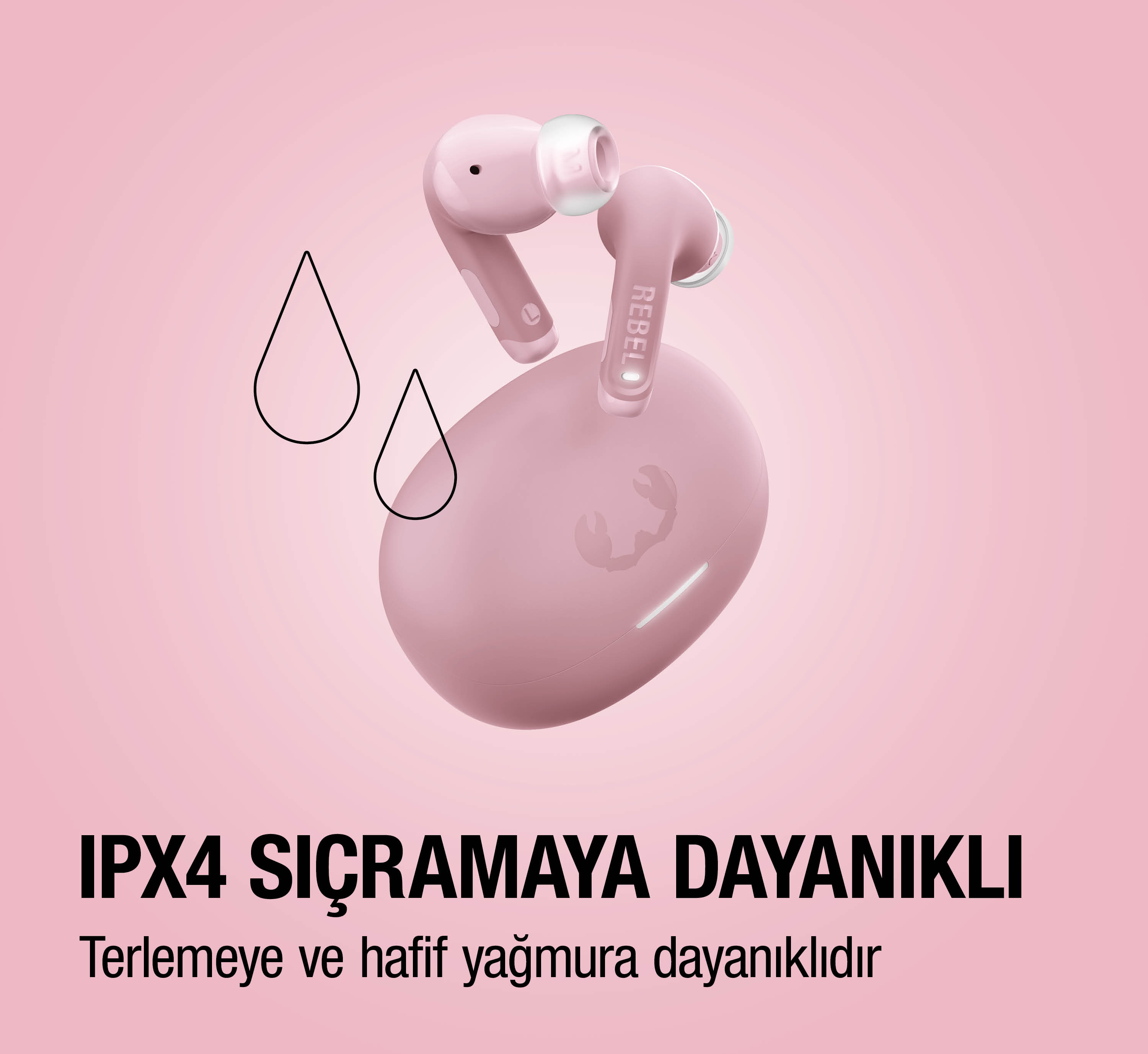 Pembe kablosuz kulaklık şarj kutusuyla, suya dayanıklı.