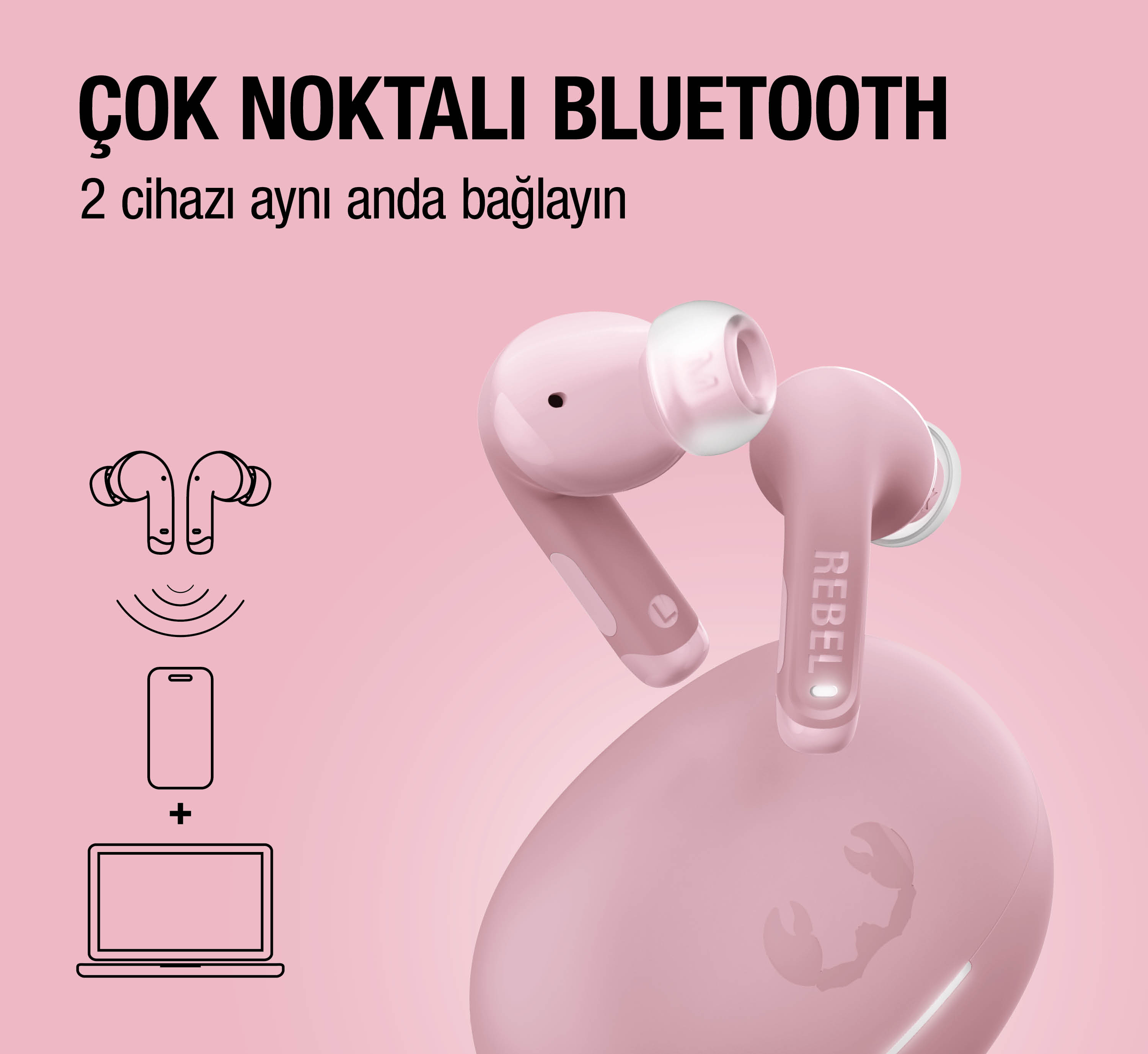 Pembe kablosuz kulaklıklar şarj kutusuyla, telefon ve dizüstü bilgisayara bağlı.