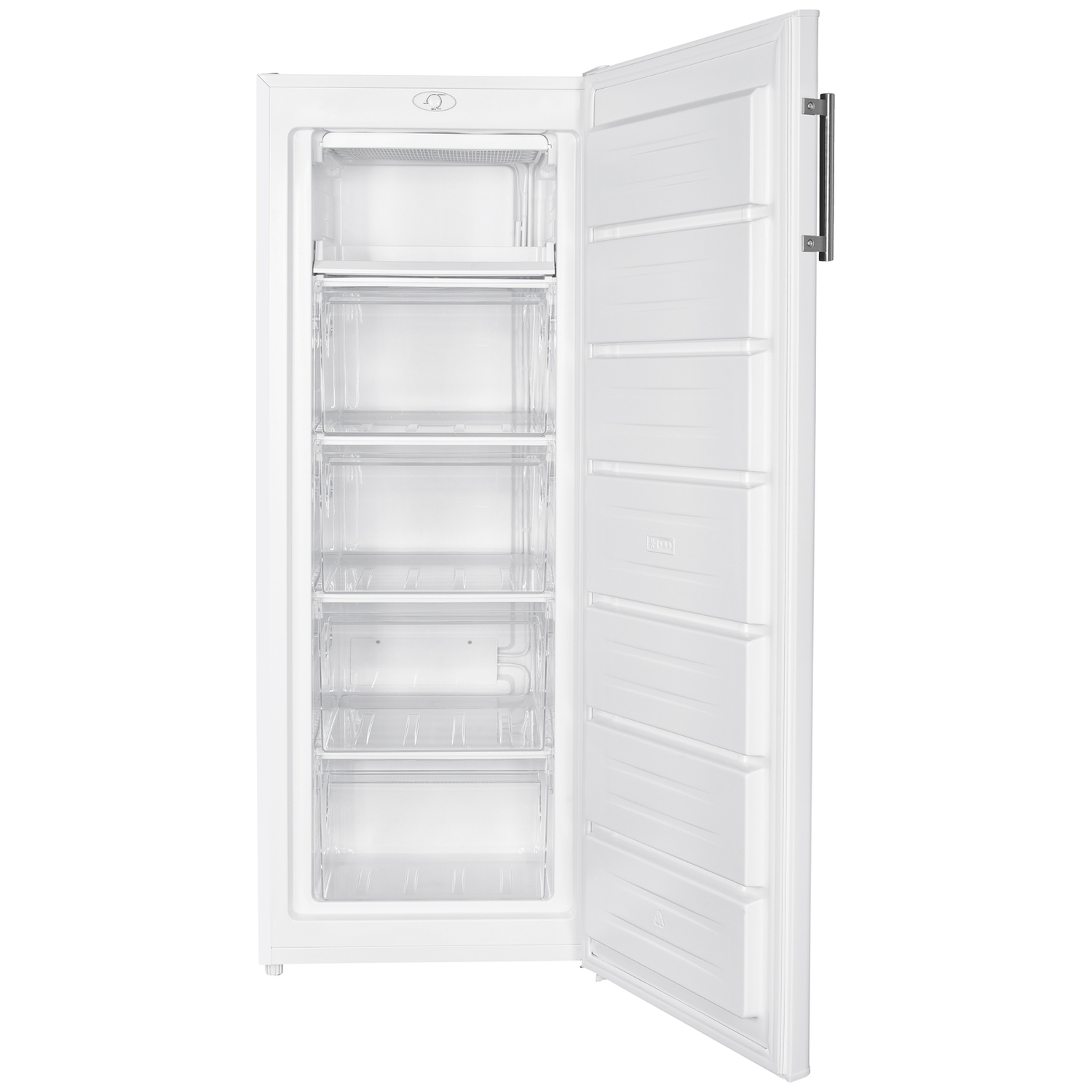 A white upright freezer with its door open, showing interior drawers.