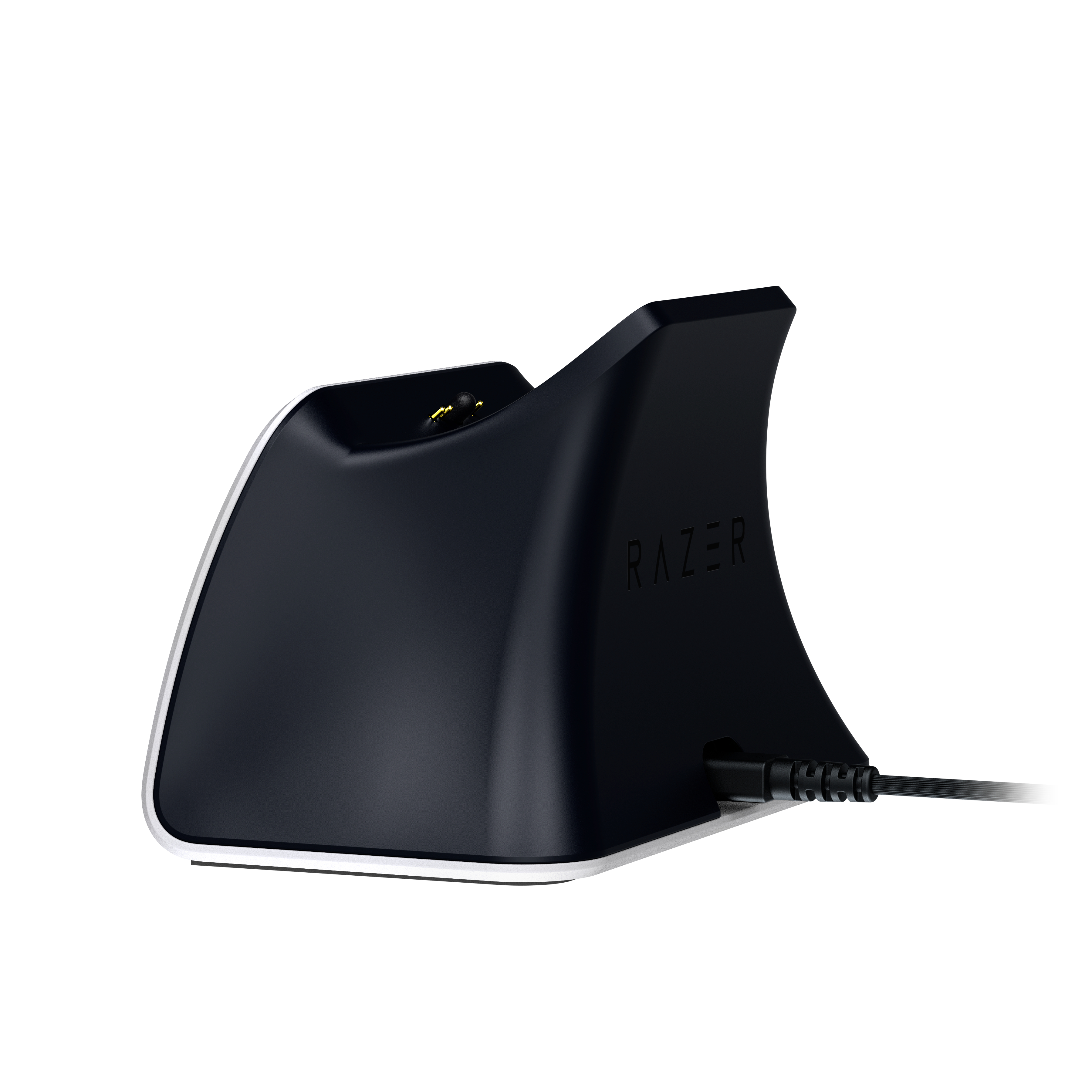 Schwarzer Razer-Ladeständer mit silberner Kante und USB-Kabel.