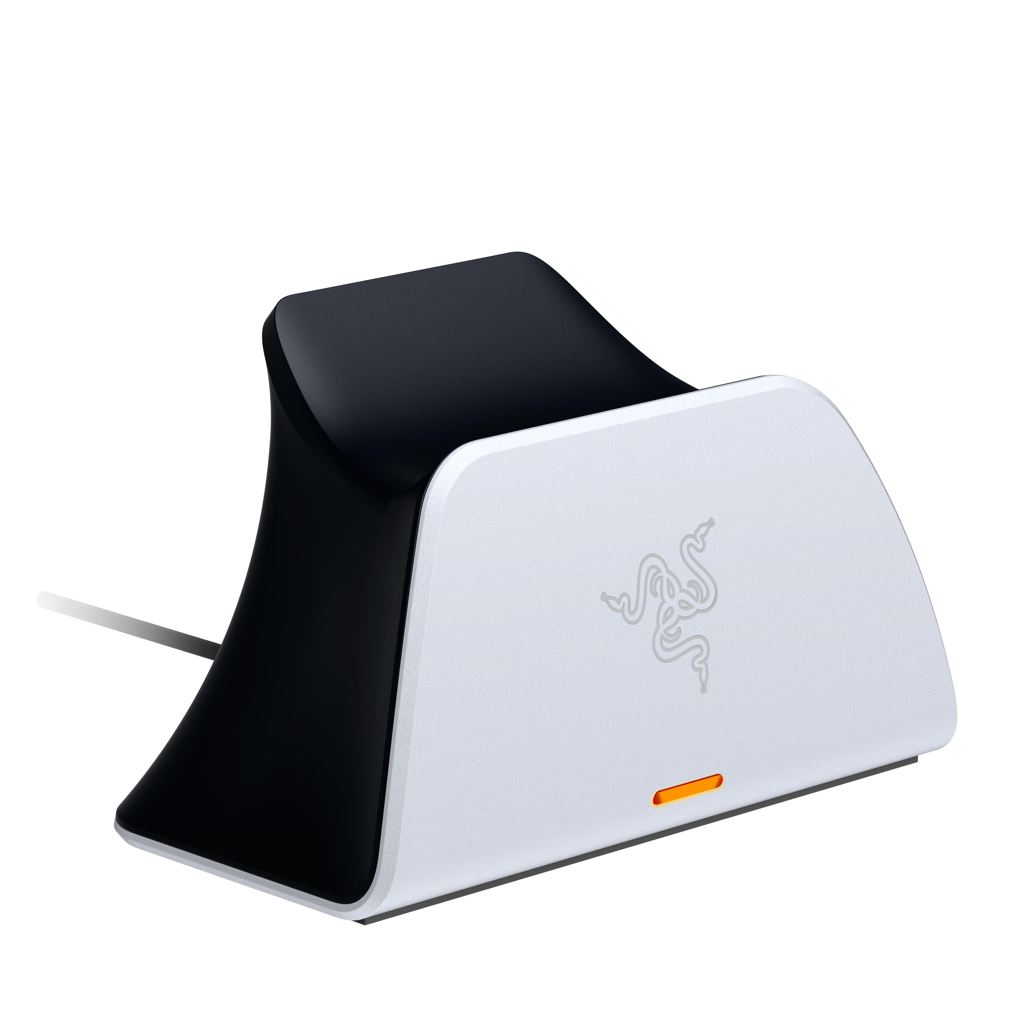 Ein schwarzer und silberner Razer-Controller-Lade-Ständer mit beleuchtetem Logo.