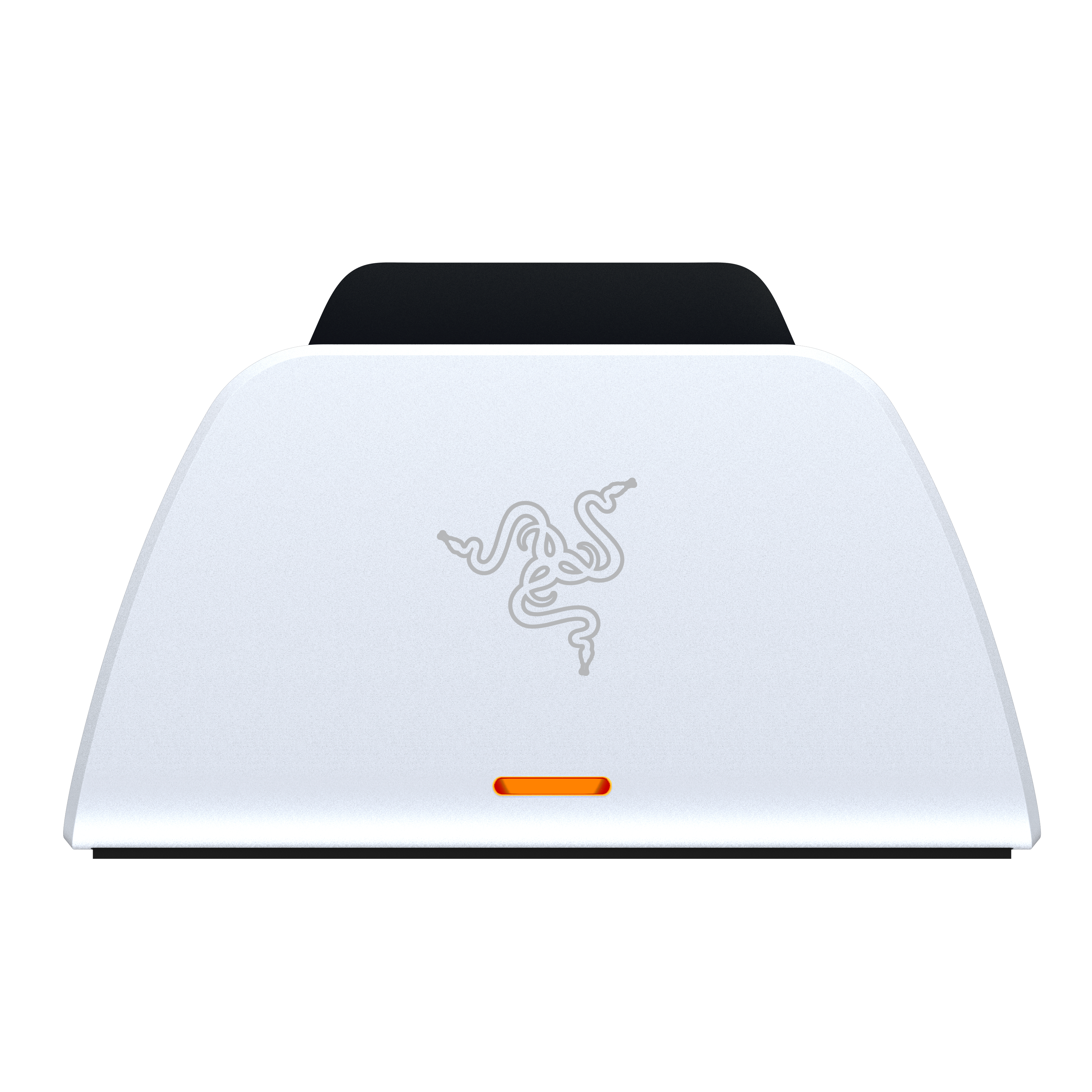 Ein weißes Gerät mit Razer-Logo und orangefarbenem Licht.