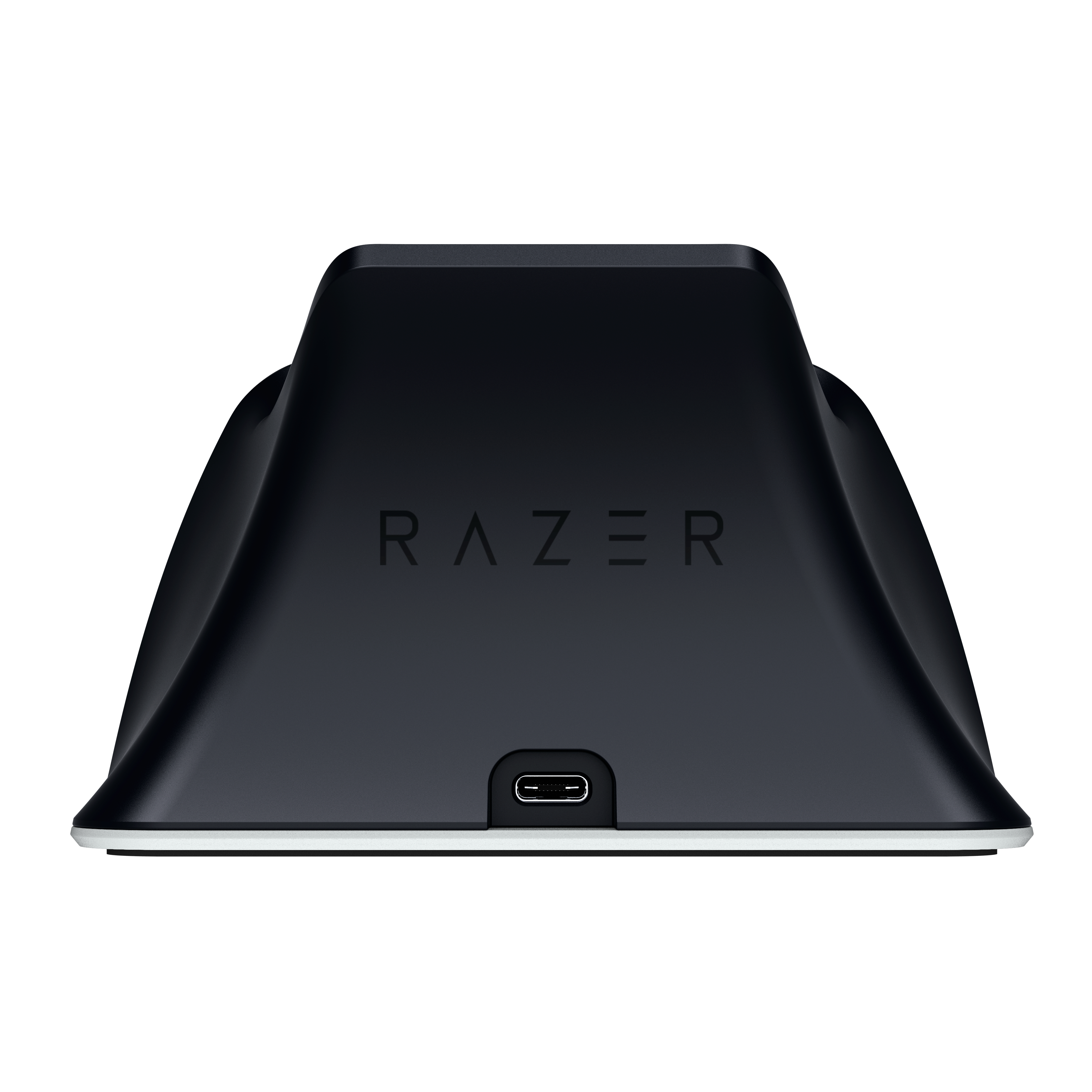 Schwarzer Razer Lade-Dock mit USB-C-Anschluss und Logo auf weißem Hintergrund.