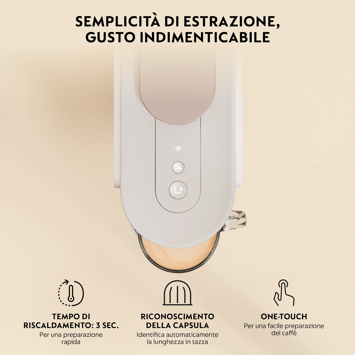 Una macchina da caffè bianca con una tazza di caffè, che evidenzia tre funzioni chiave.