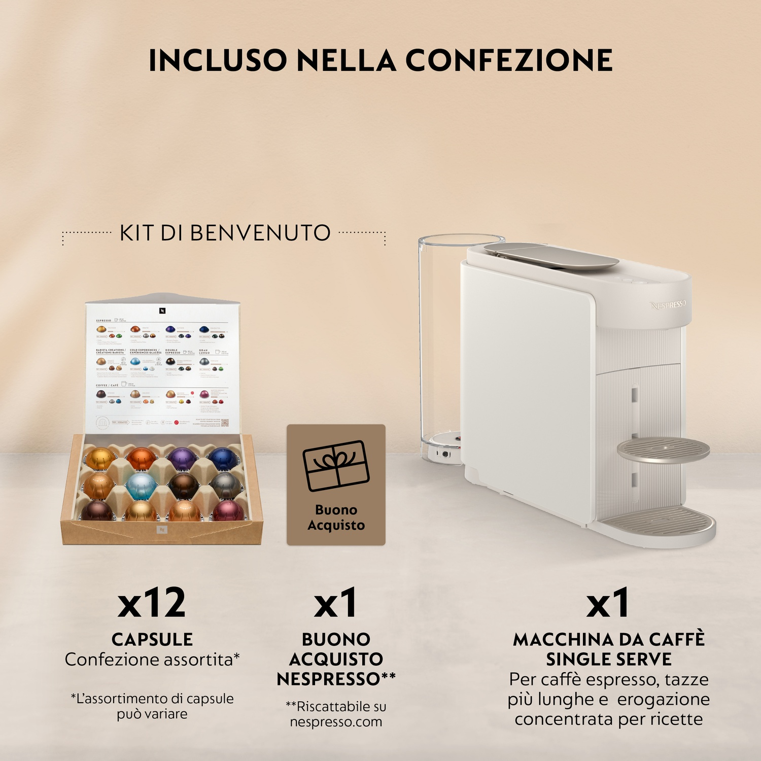 Un kit di benvenuto Nespresso con macchina da caffè, 12 capsule e un buono.