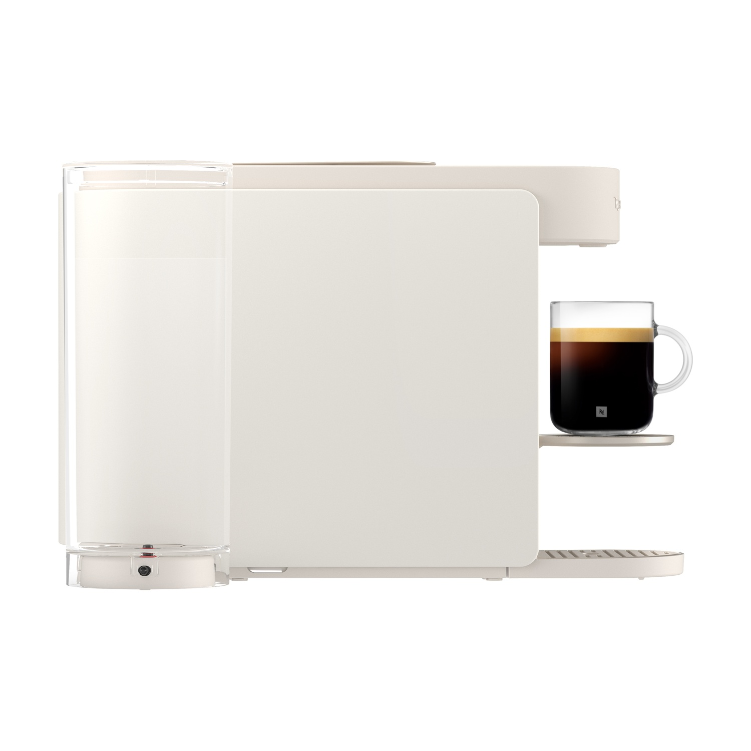 Una macchina da caffè bianca con serbatoio dell'acqua e una tazzina di espresso.