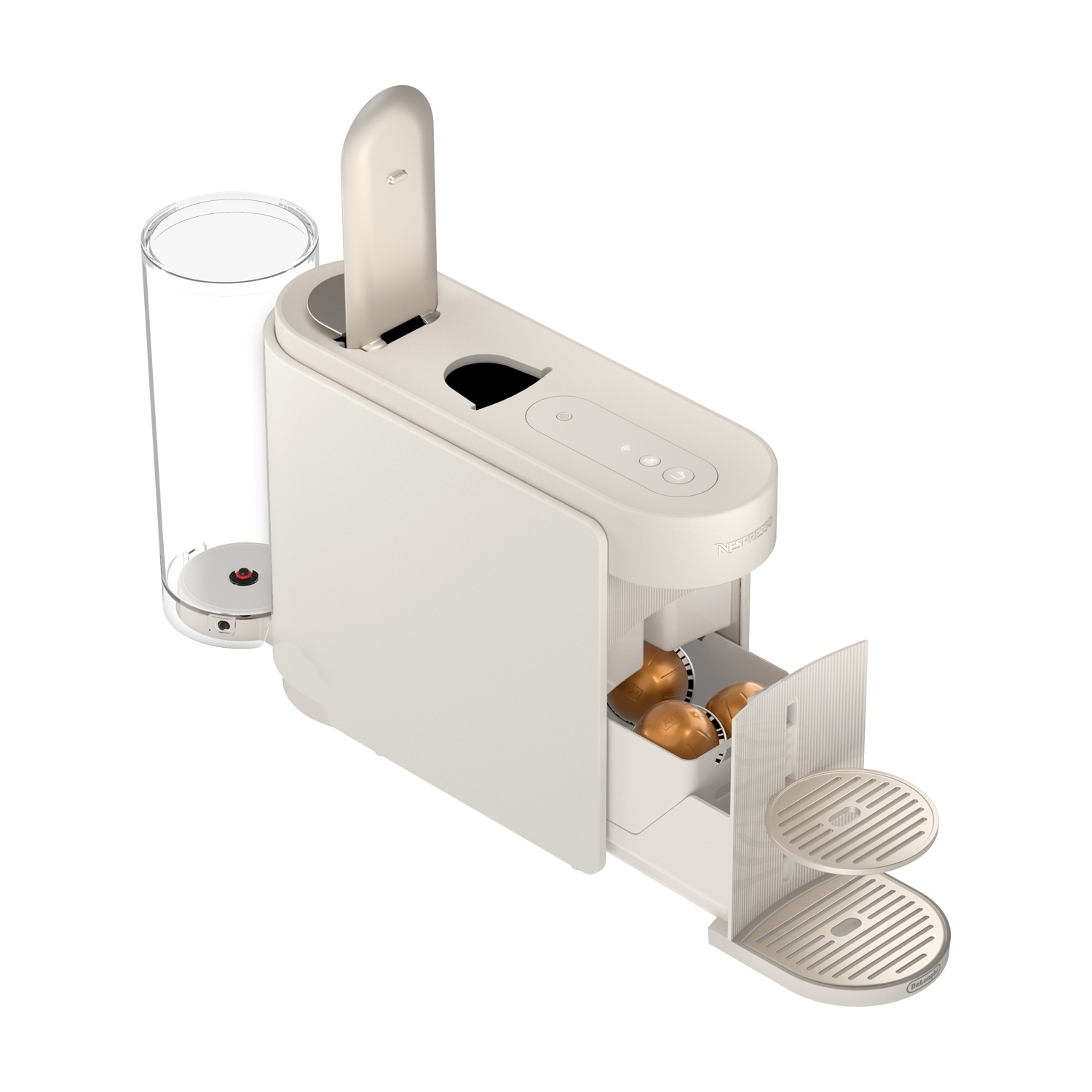 Una macchina da caffè bianca con serbatoio dell'acqua, cassetto capsule e due vaschette.