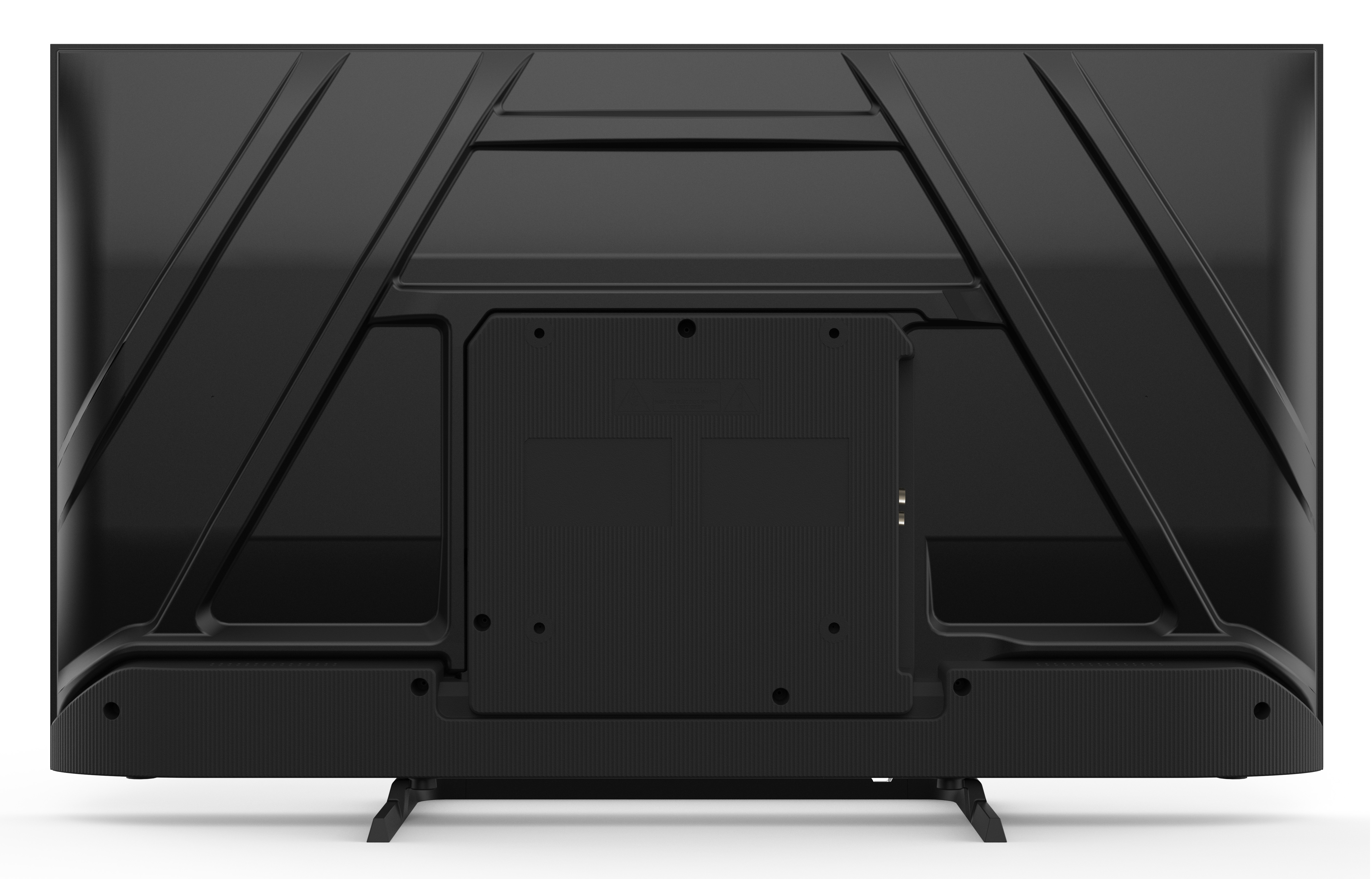 Tył czarnego telewizora ze stojakiem i prążkowanymi teksturami.