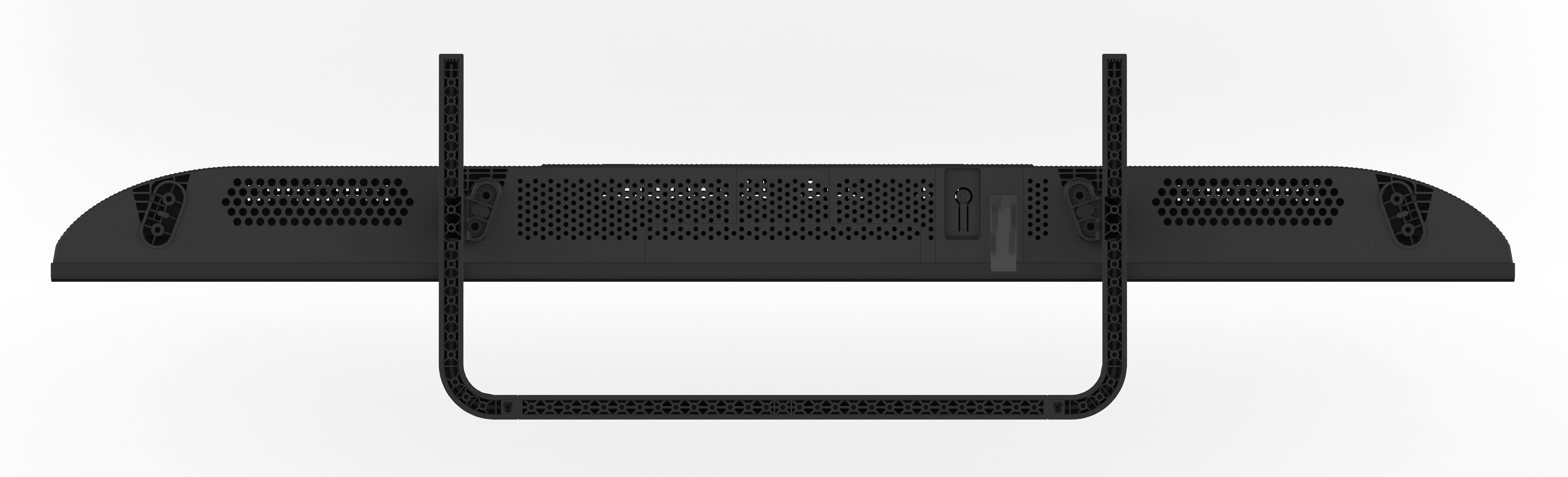 Czarny monitor z otworami wentylacyjnymi i stojakiem w kształcie litery U.