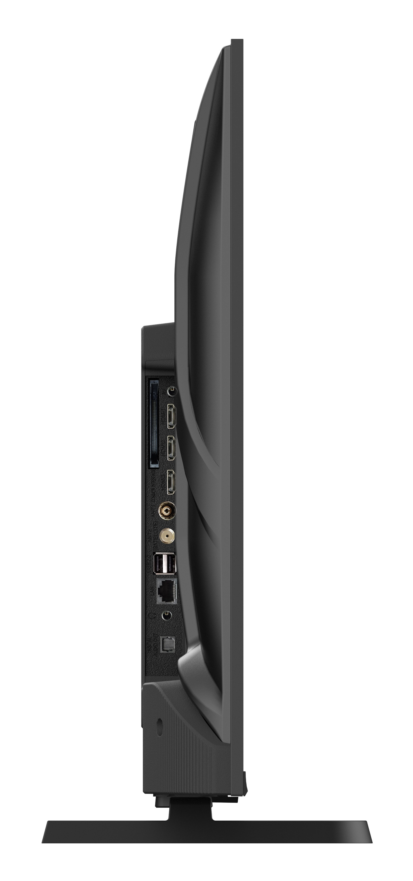 Widok z boku czarnego telewizora pokazujący porty: HDMI, USB, Ethernet i inne.