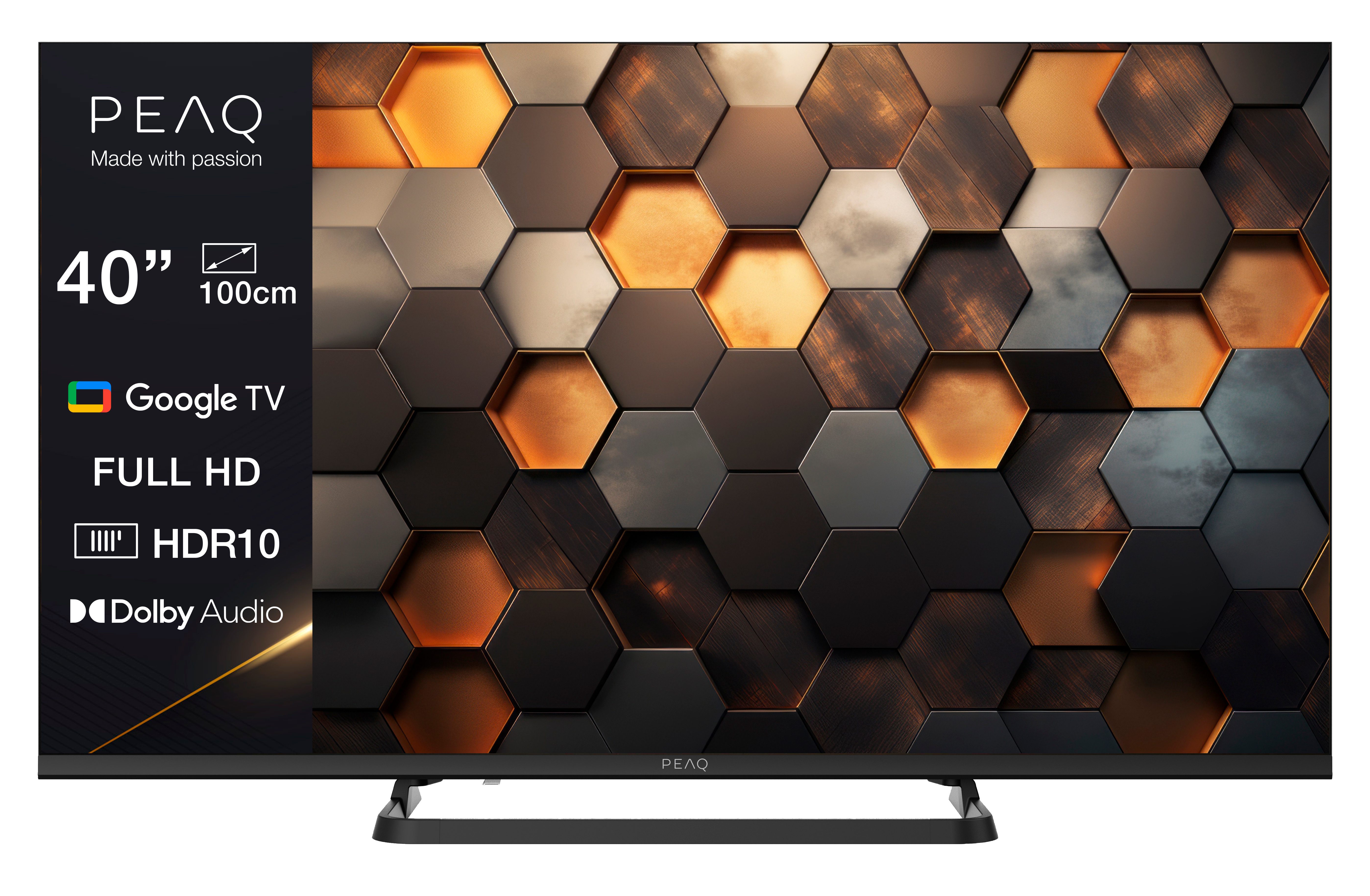 Telewizor 40-calowy z Google TV, Full HD i HDR10. Panel tylny z wzorem sześciokątnym.