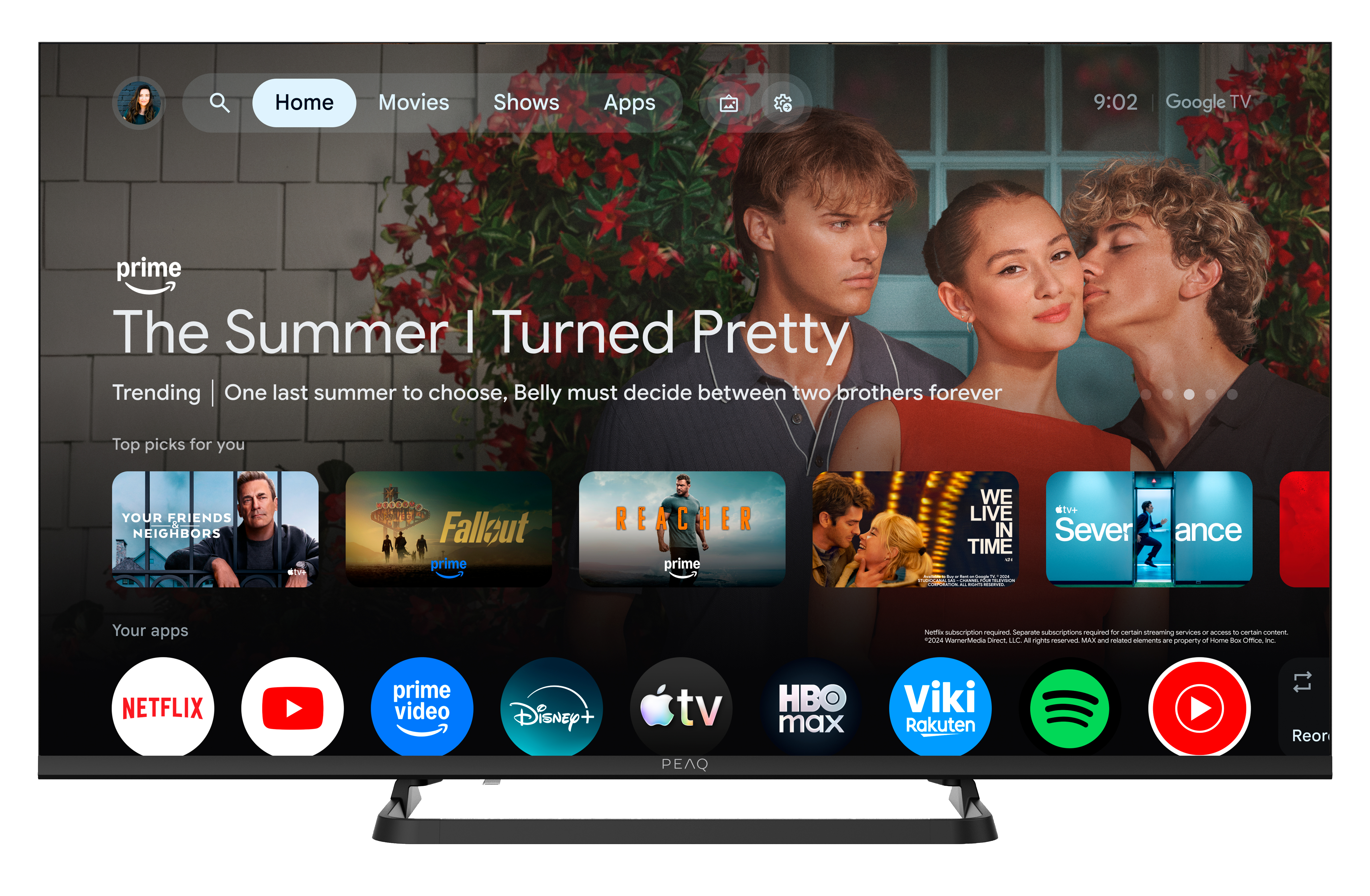 Ekran główny z plakatami filmów i ikonami aplikacji. Na górze "The Summer I Turned Pretty" i różne programy.