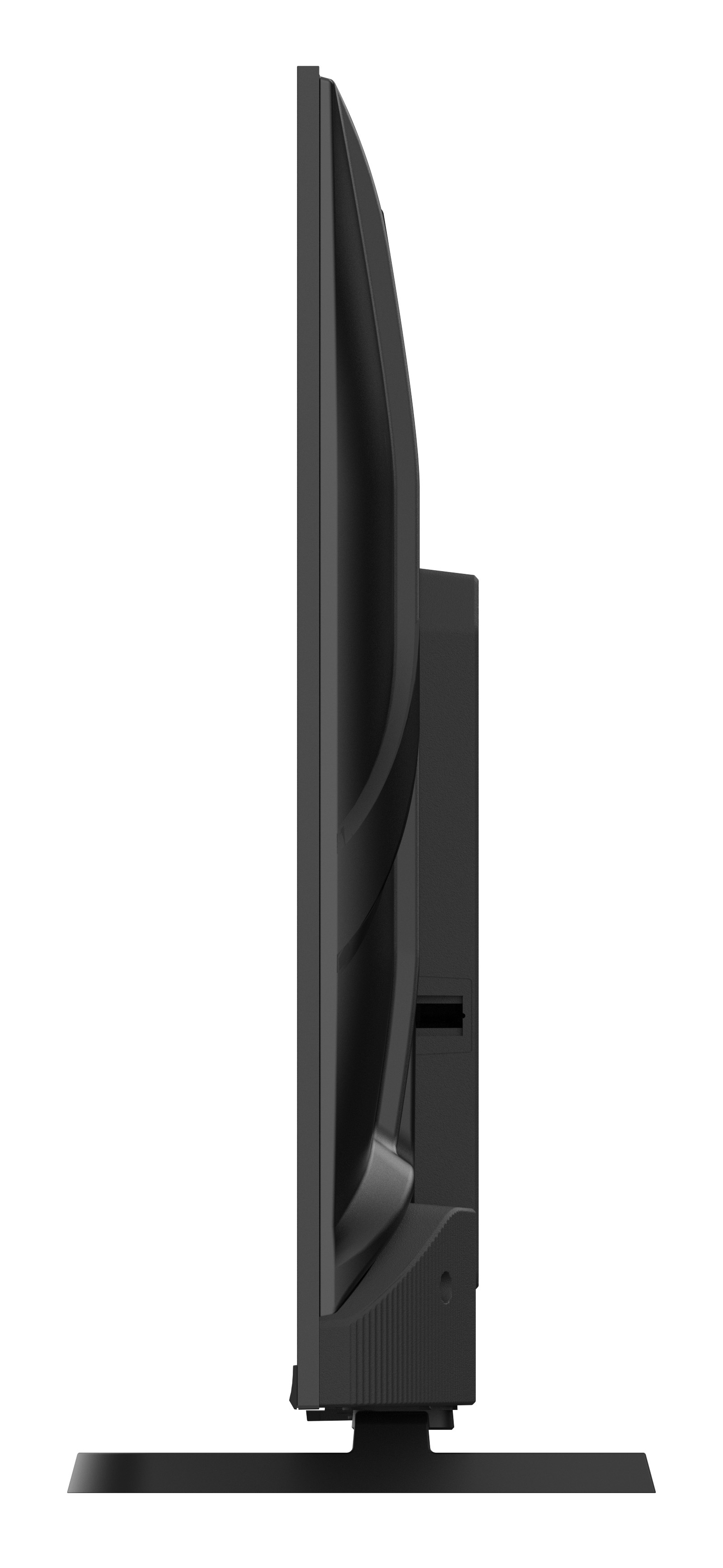 Czarny telewizor z profilu na białym tle, stojący na szerokiej podstawie.