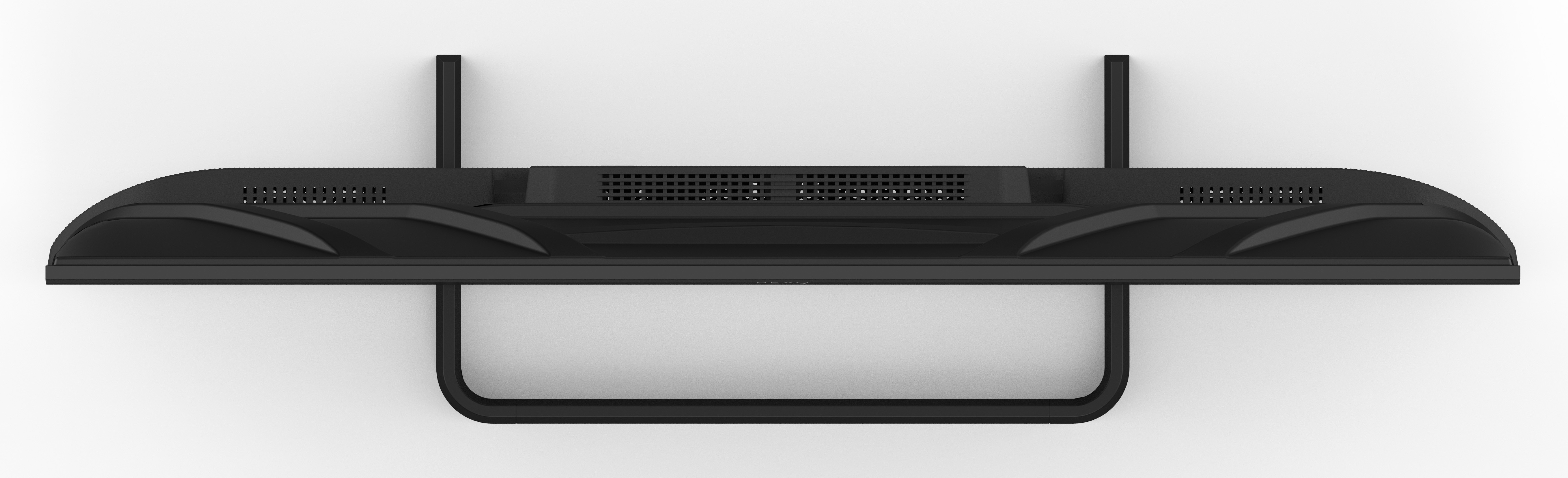 Czarny monitor z otworami wentylacyjnymi i stojakiem w kształcie litery U.