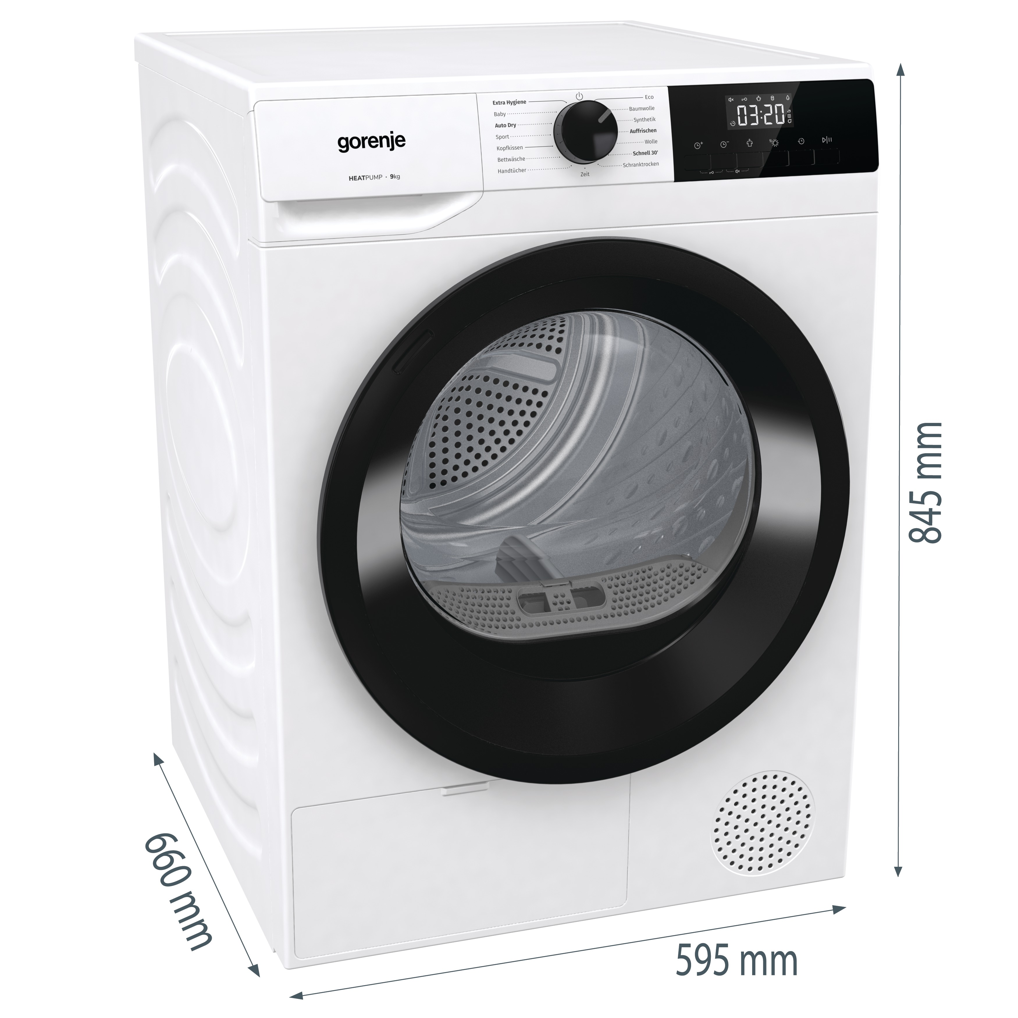 Ein weißer Gorenje Wäschetrockner mit schwarzer Tür, 845 mm hoch und 595 mm breit.