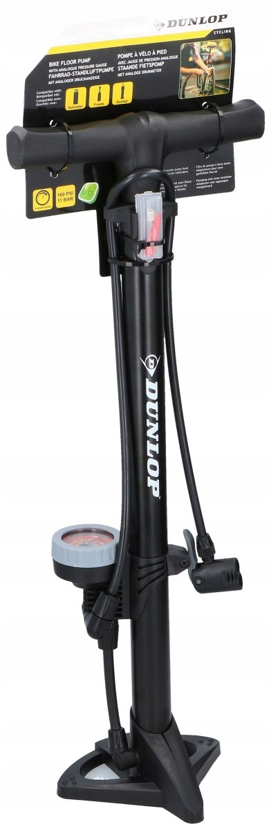 Czarna pompa podłogowa Dunlop do roweru z manometrem i wężem.