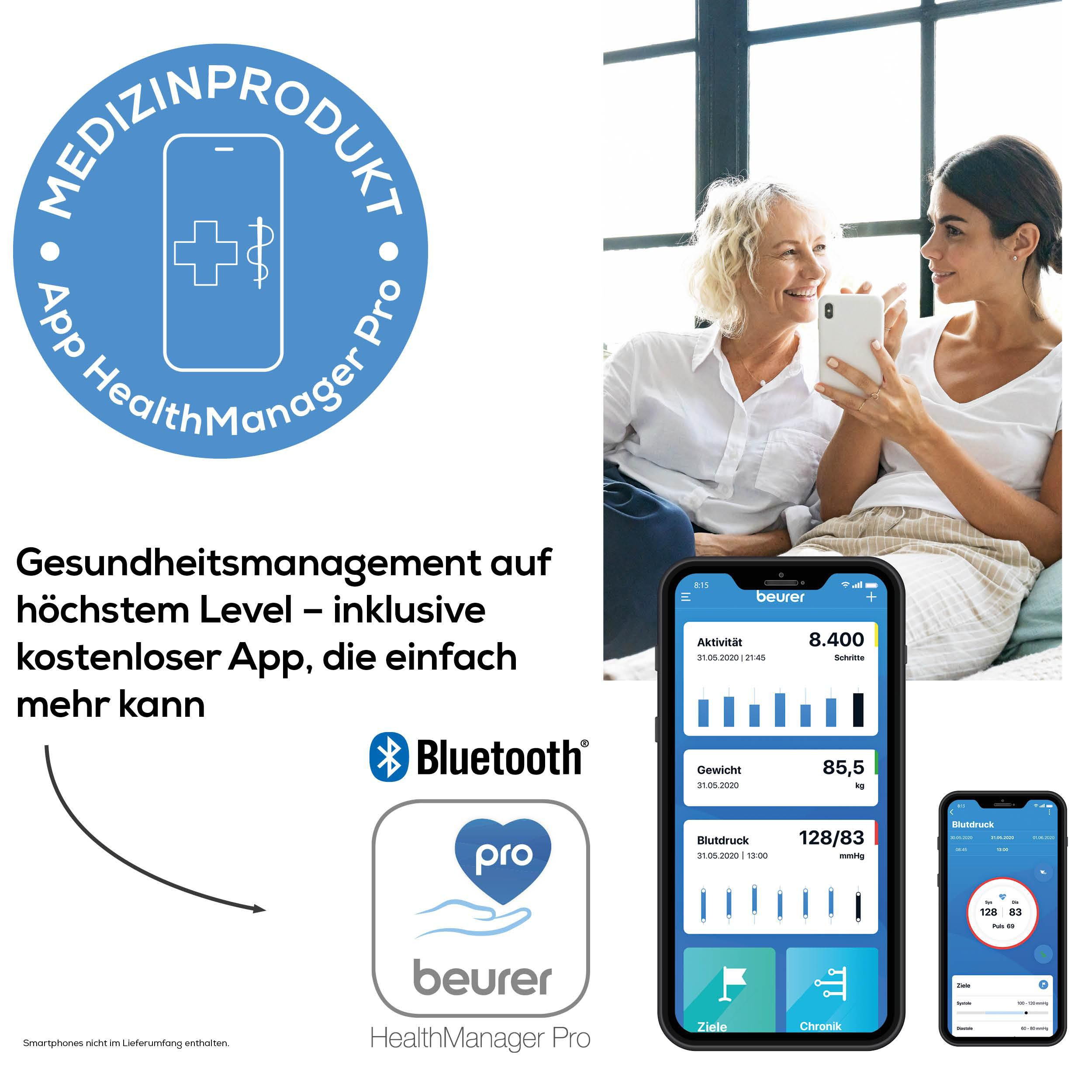 Zwei Frauen blicken auf ein Smartphone, das Gesundheitsdaten anzeigt. Links ein App-Logo.
