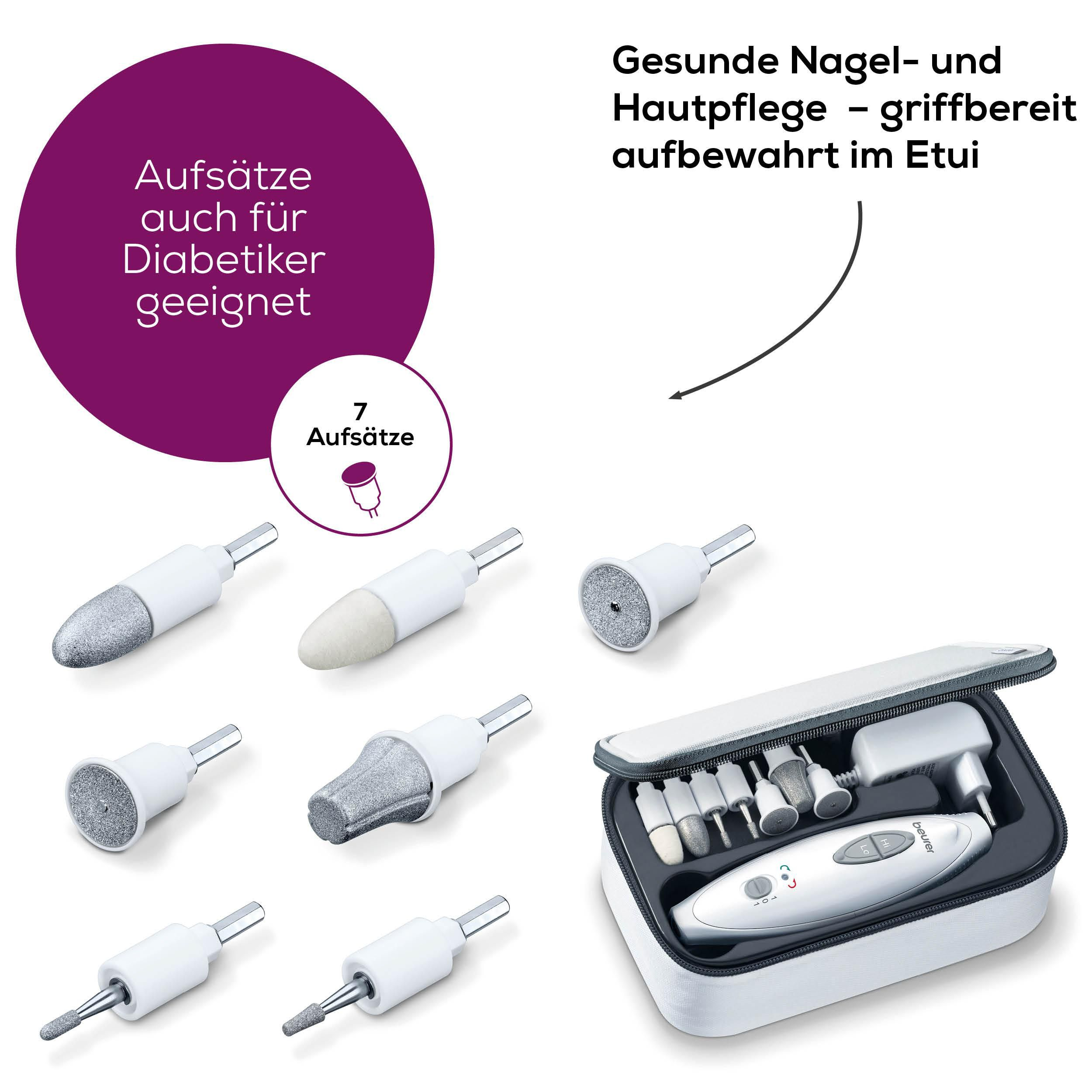 Nagelpflege-Set mit 7 Aufsätzen und Etui. Auch für Diabetiker geeignet.