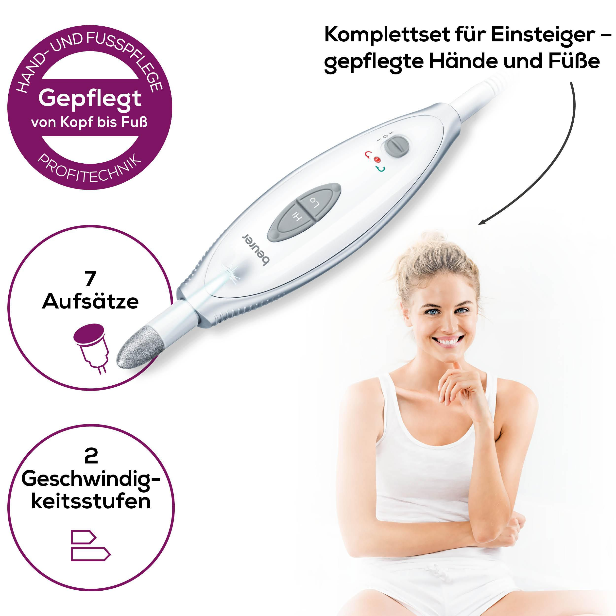 Ein weißes Maniküre-Set mit 7 Aufsätzen, Modell von Beurer, mit Frau.
