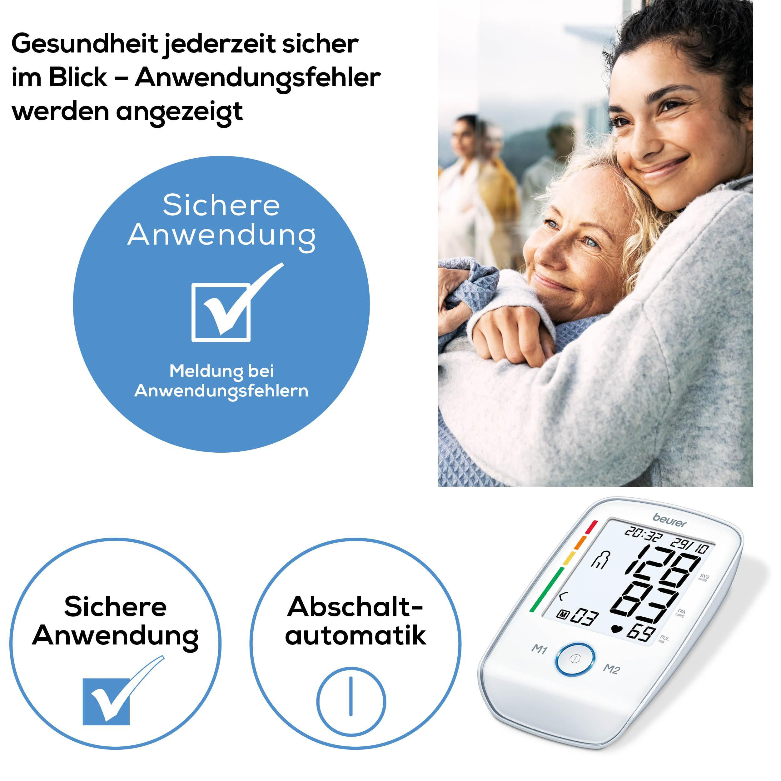 Zwei Frauen umarmen sich, ein Blutdruckmessgerät und Text zu sicherer Anwendung.