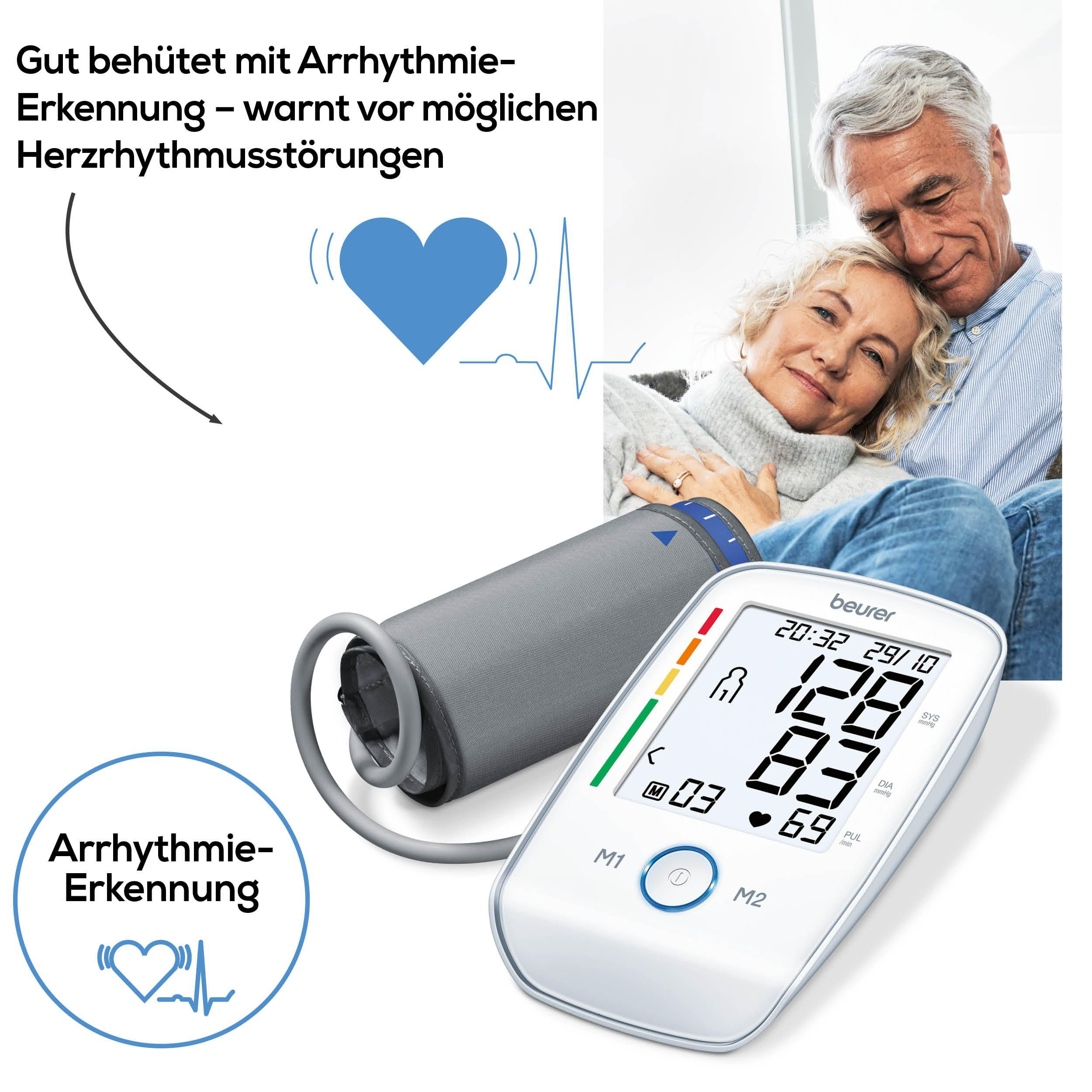 Ein älteres Paar umarmt sich, ein Beurer Blutdruckmessgerät liegt daneben.