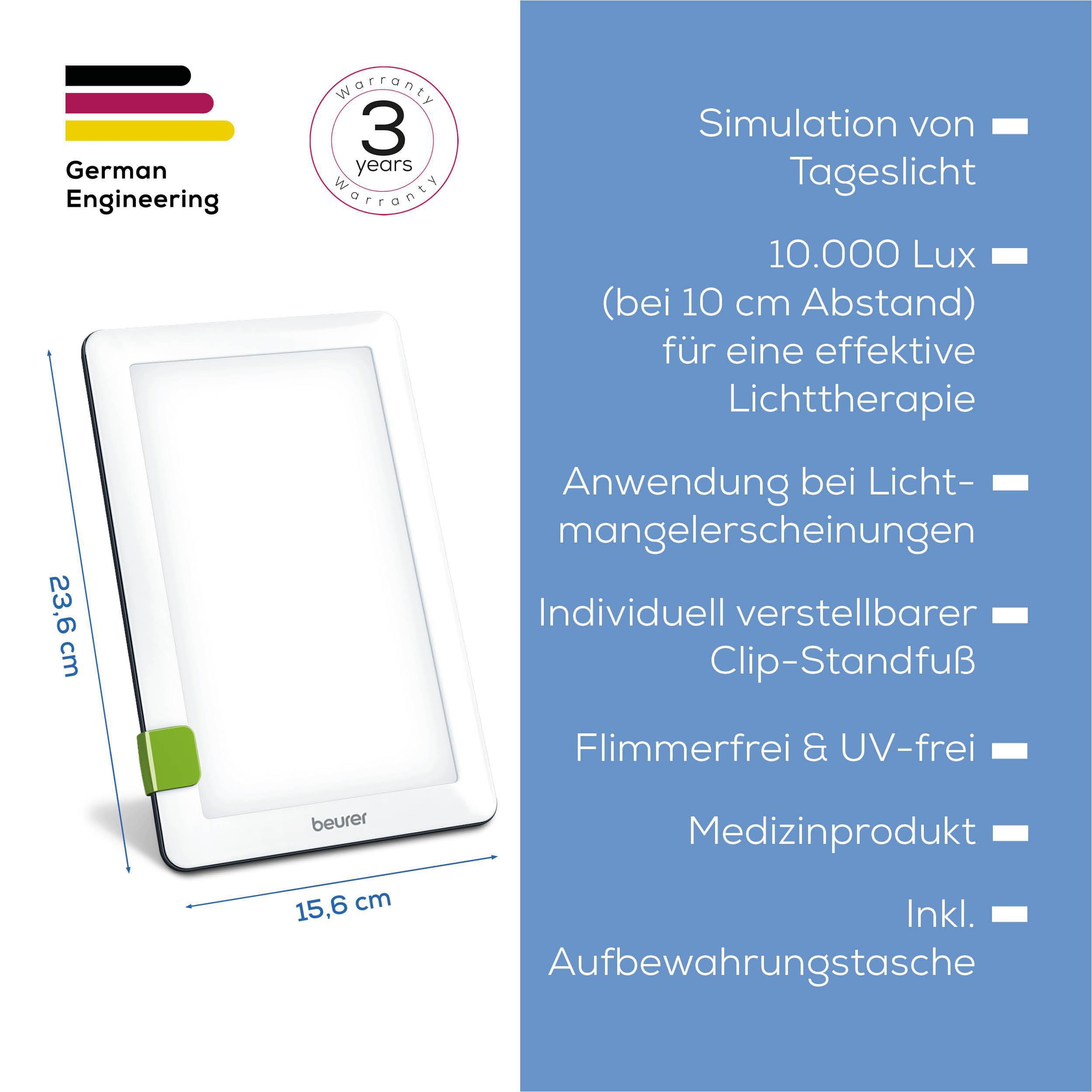 Beurer Tageslichtlampe: 10.000 Lux, flimmerfrei, UV-frei. Maße: 23,6x15,6cm.
