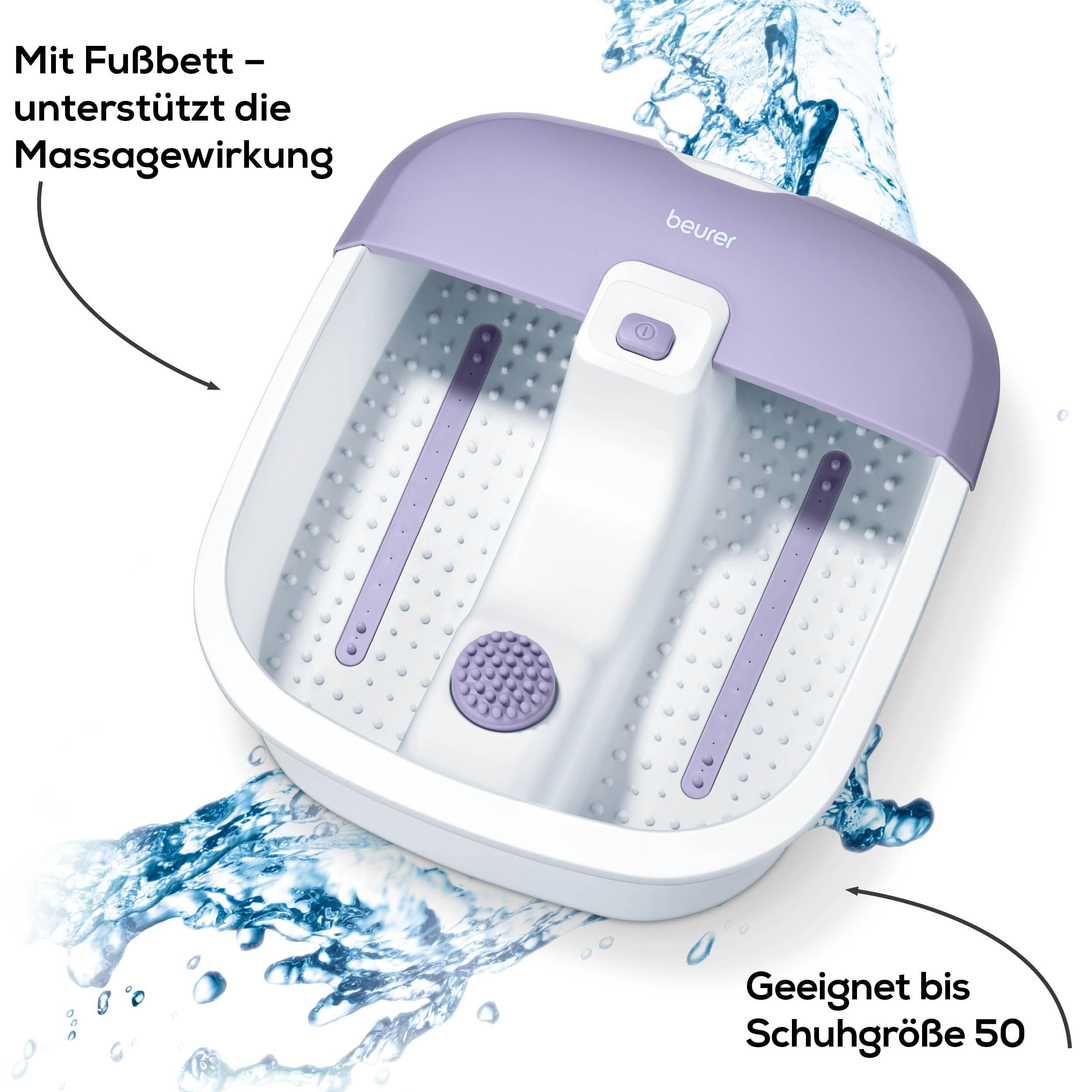 Ein lila und weißer Fußsprudel-Massager mit Wasserfontänen.