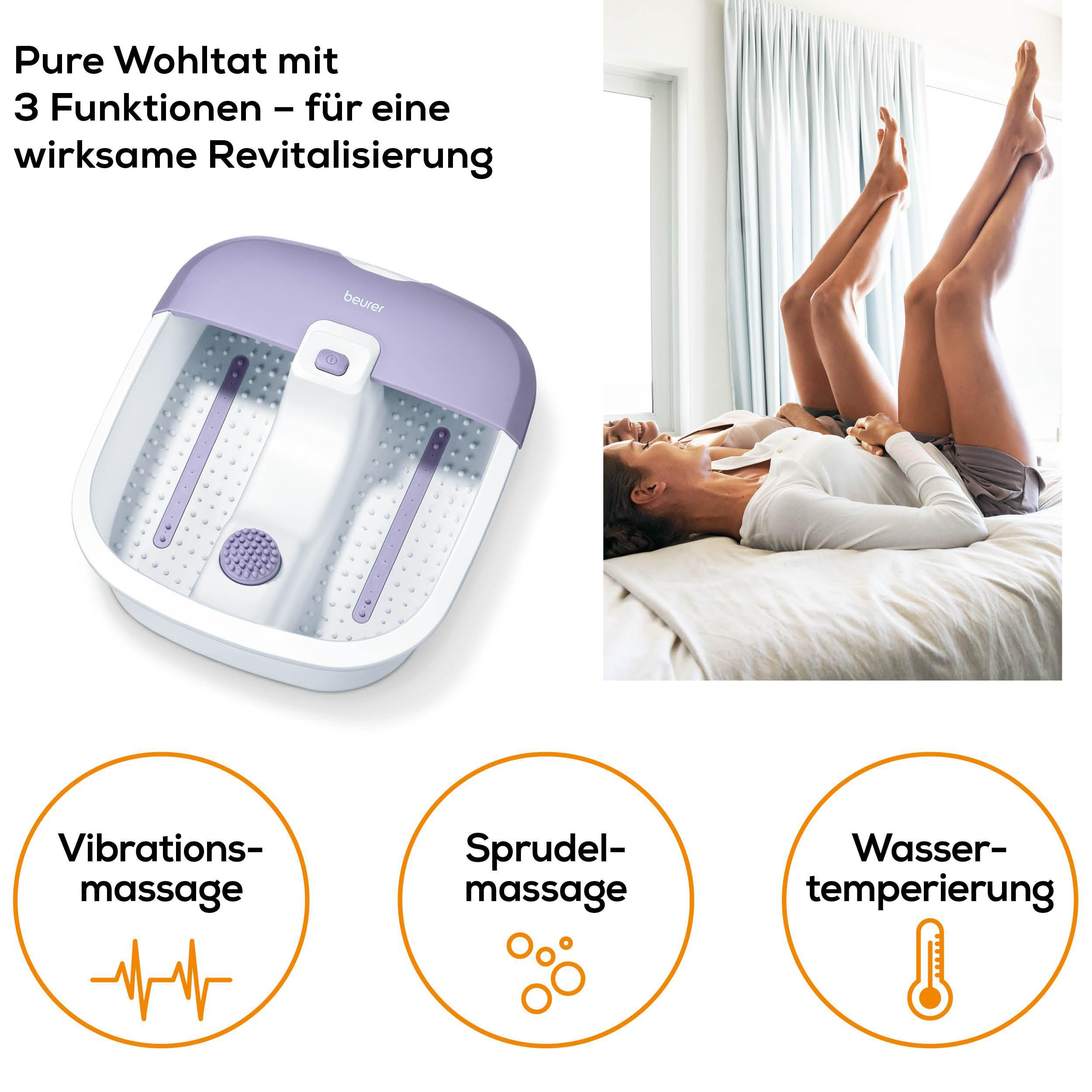 Ein Fußbad mit 3 Funktionen daneben zwei Frauen auf einem Bett.