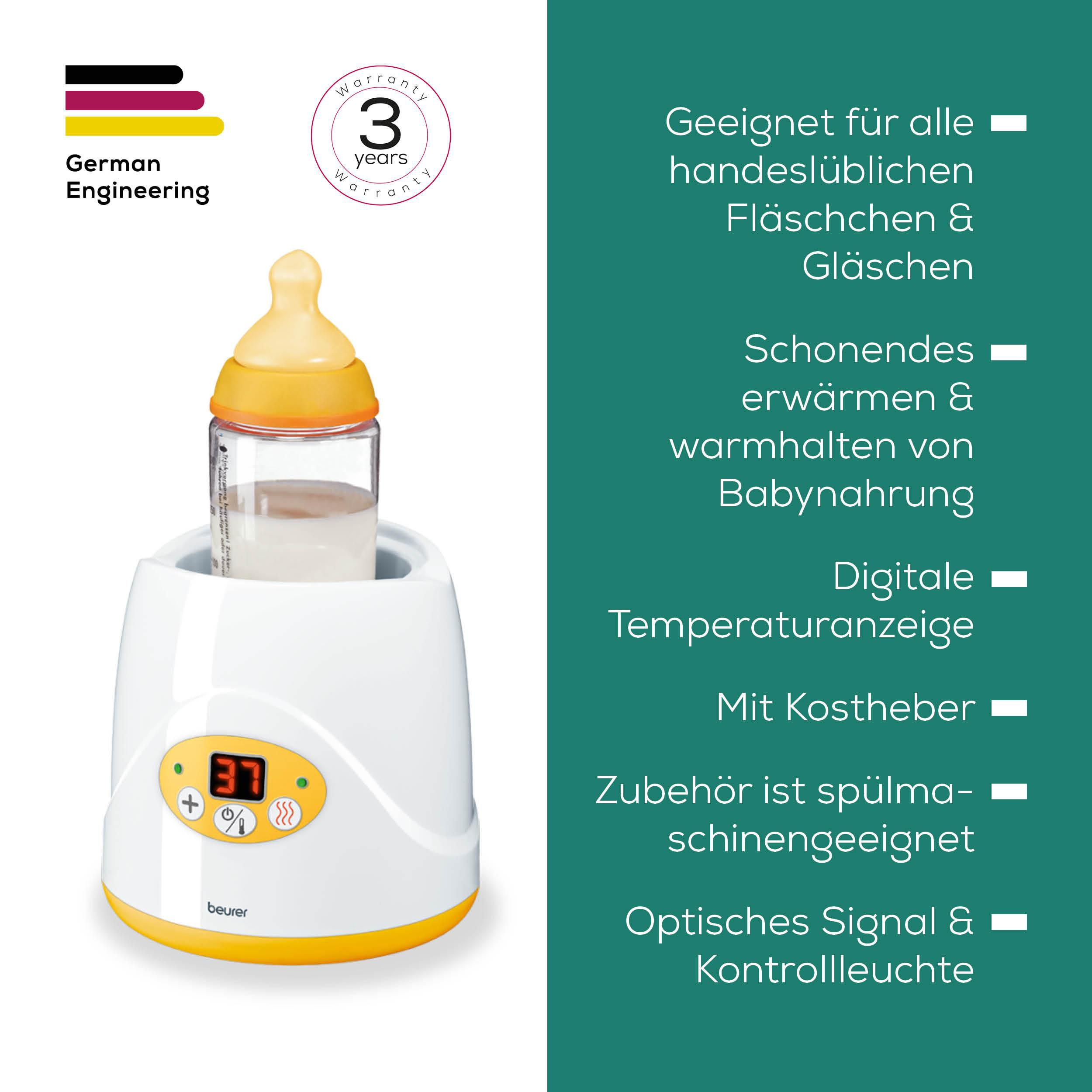 Ein weißer Babyflaschenwärmer mit digitaler Anzeige, die 37°C zeigt.