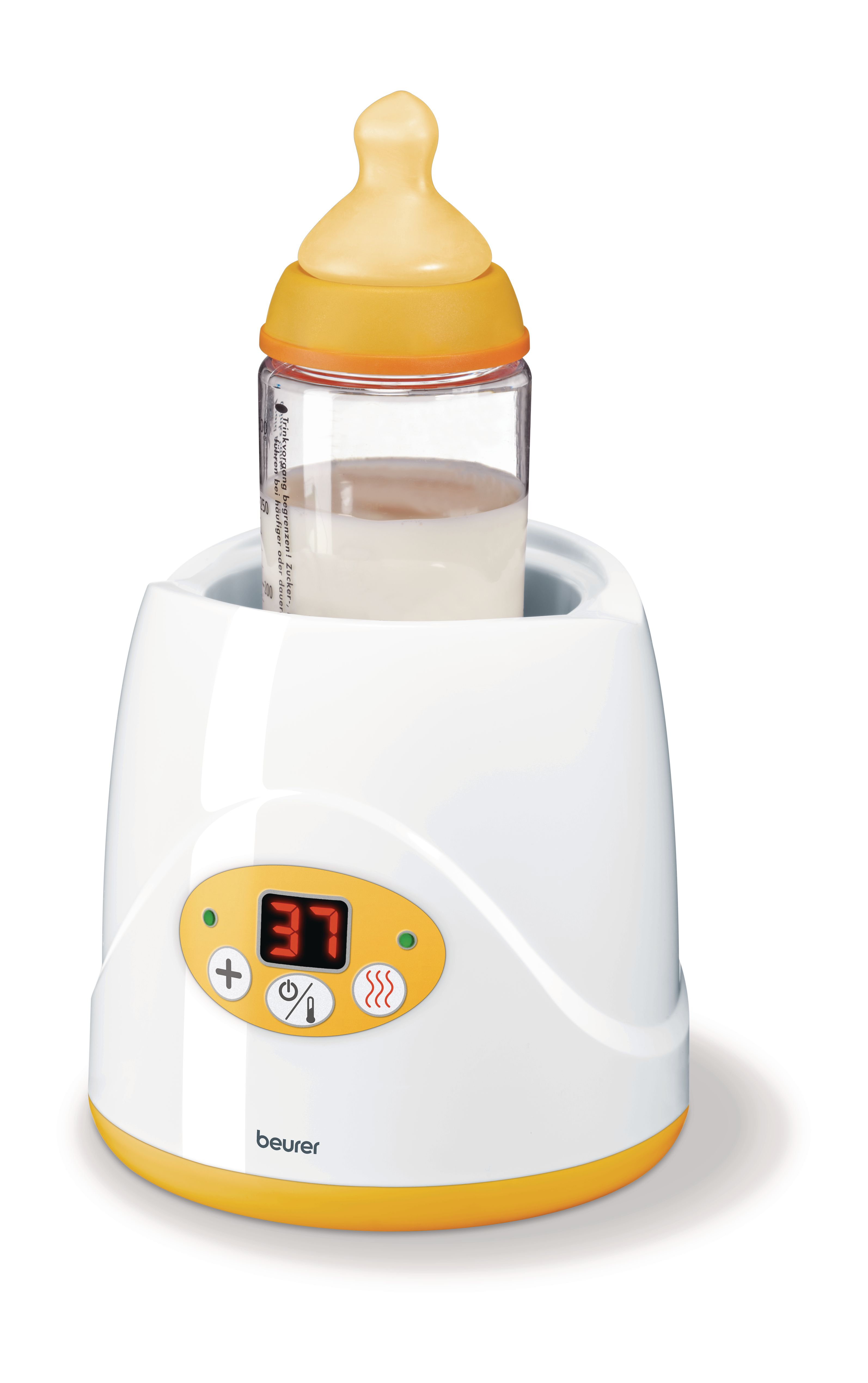 Ein weißer Flaschenwärmer mit gelbem Rand wärmt eine Milchflasche.