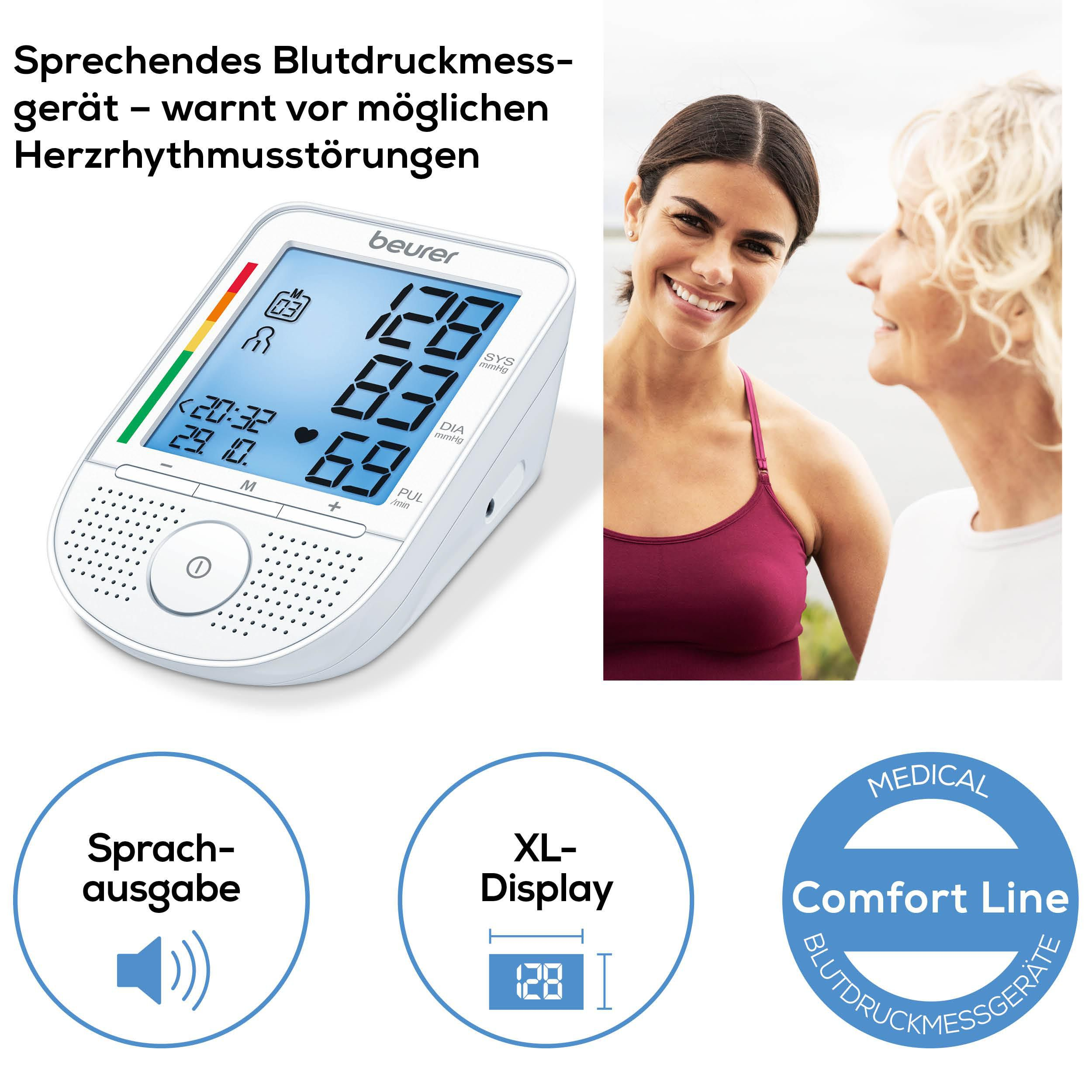 Ein Beurer Blutdruckmessgerät mit XL-Display und Sprachausgabe.