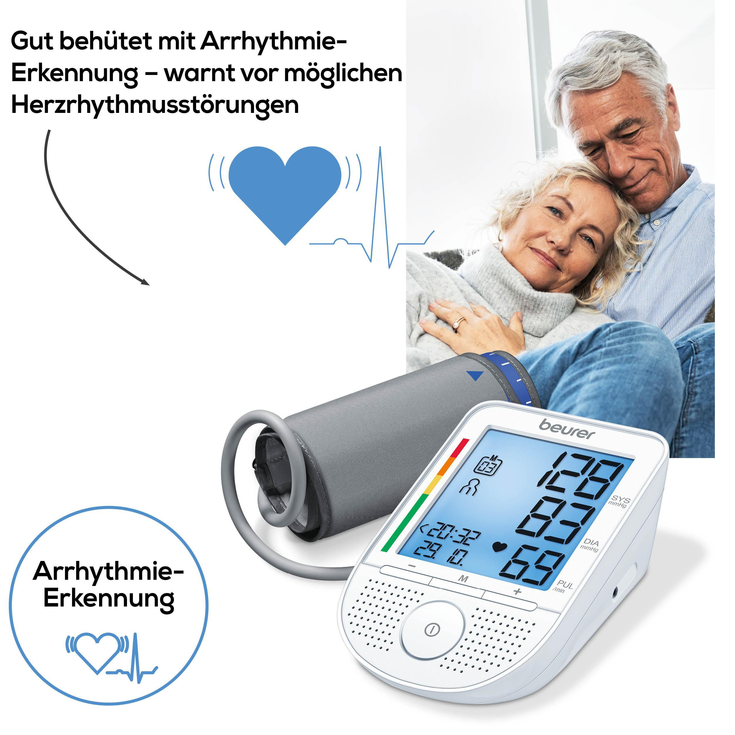 Ein älteres Paar umarmt sich, daneben ein Blutdruckmessgerät und Text zur Arrhythmie-Erkennung.