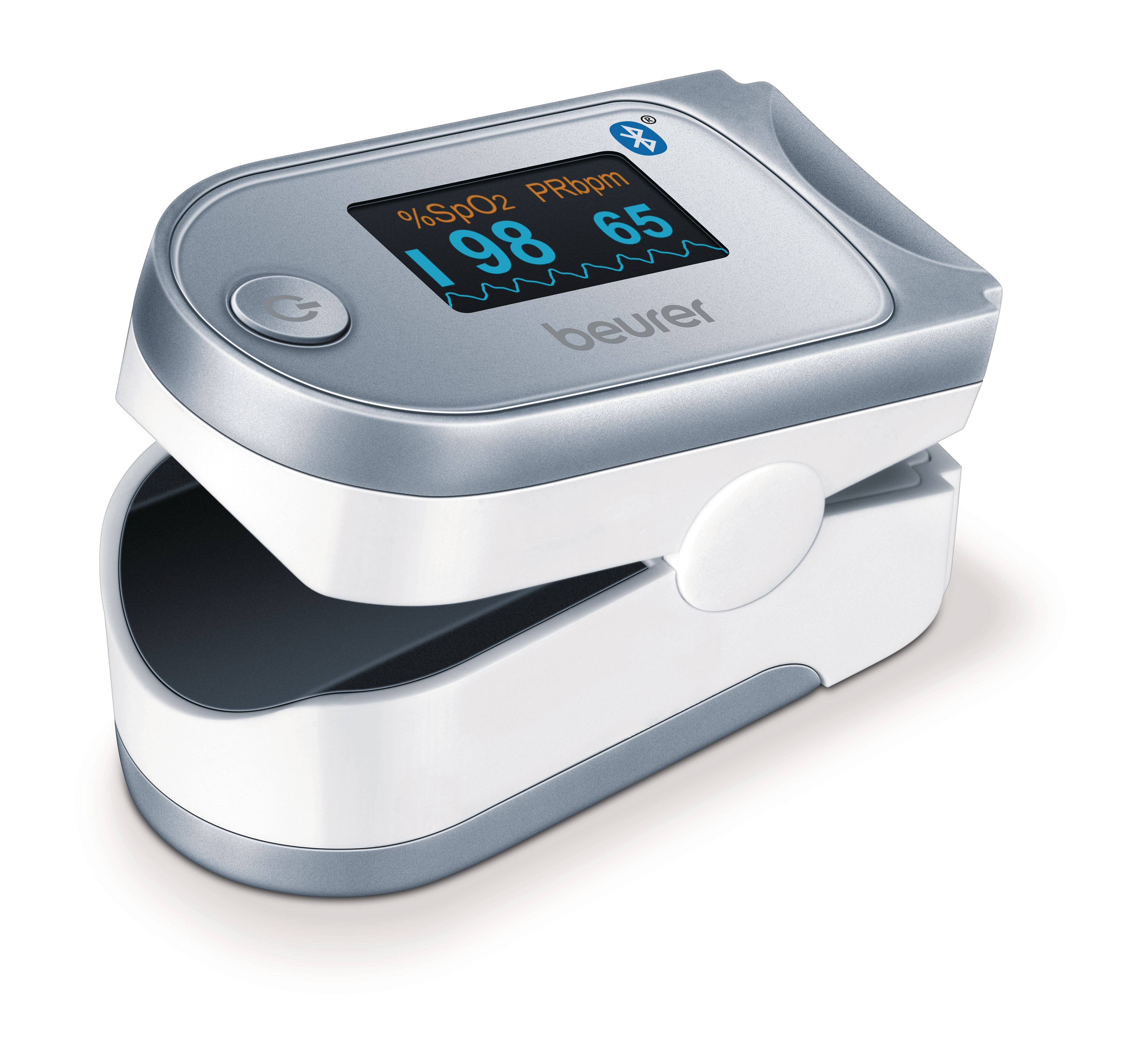 Ein digitaler Pulsoximeter mit blauem Bluetooth-Symbol und Bildschirm.