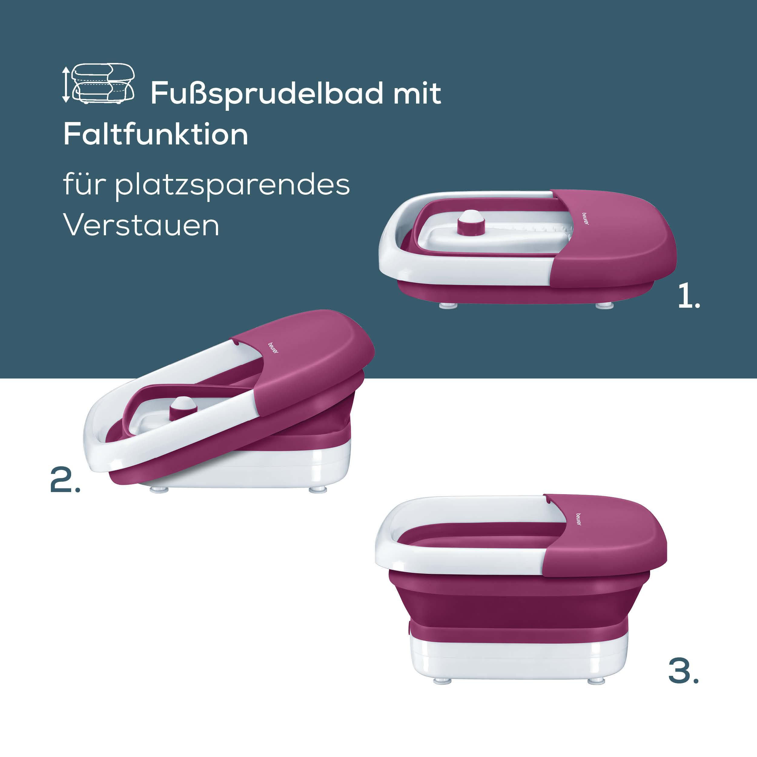 Ein faltbares Fußsprudelbad in Lila und Weiß, gezeigt in drei Zuständen.