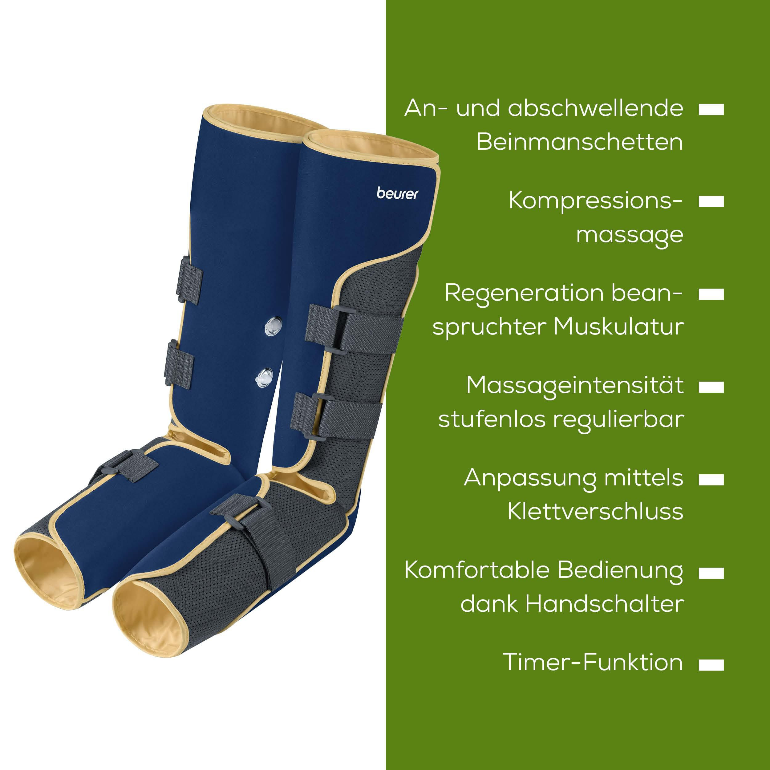 Blaue Kompressionsmanschetten mit Klettverschluss und Beurer-Logo.