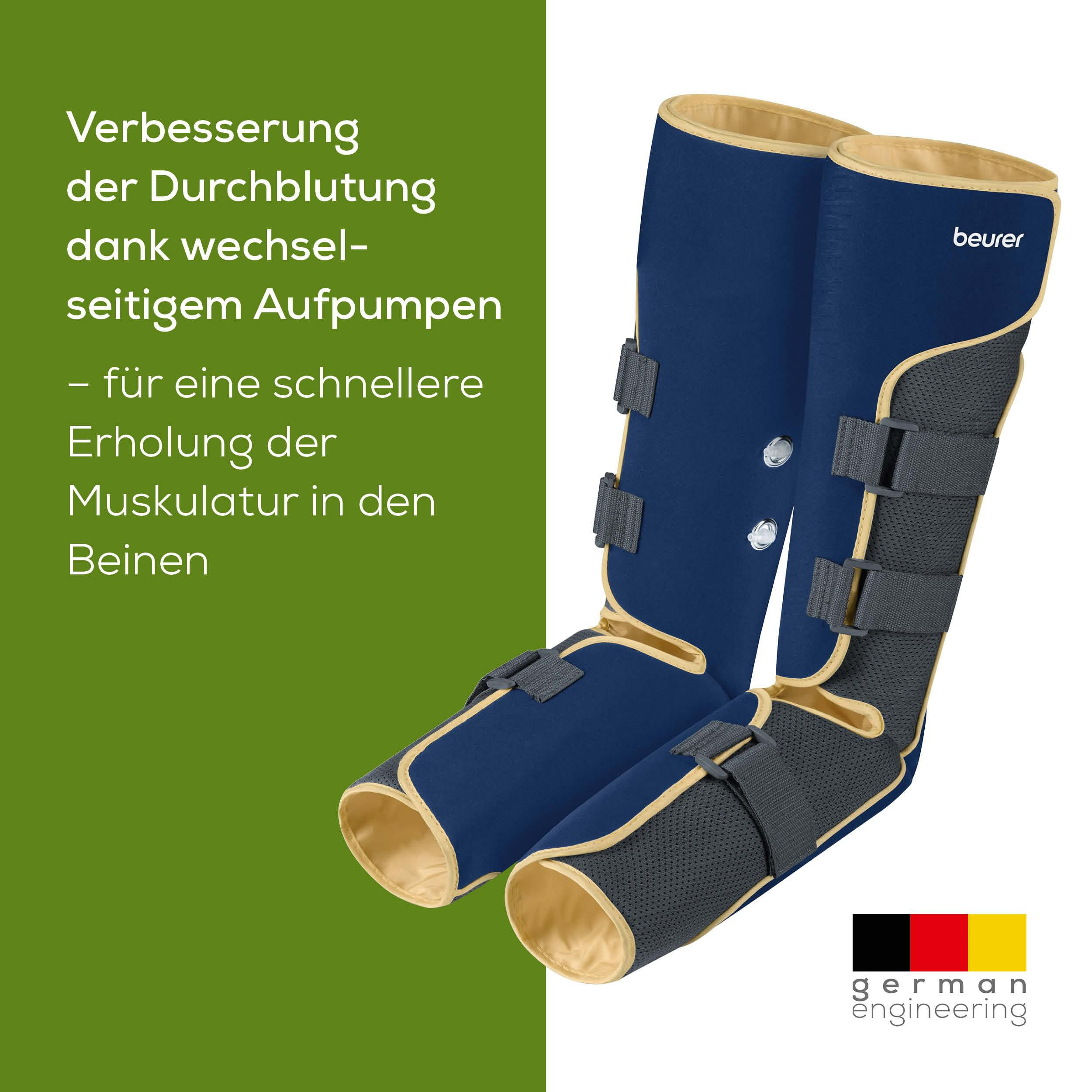 Blaue Beinstulpen mit Klettverschlüssen und Beurer-Logo.