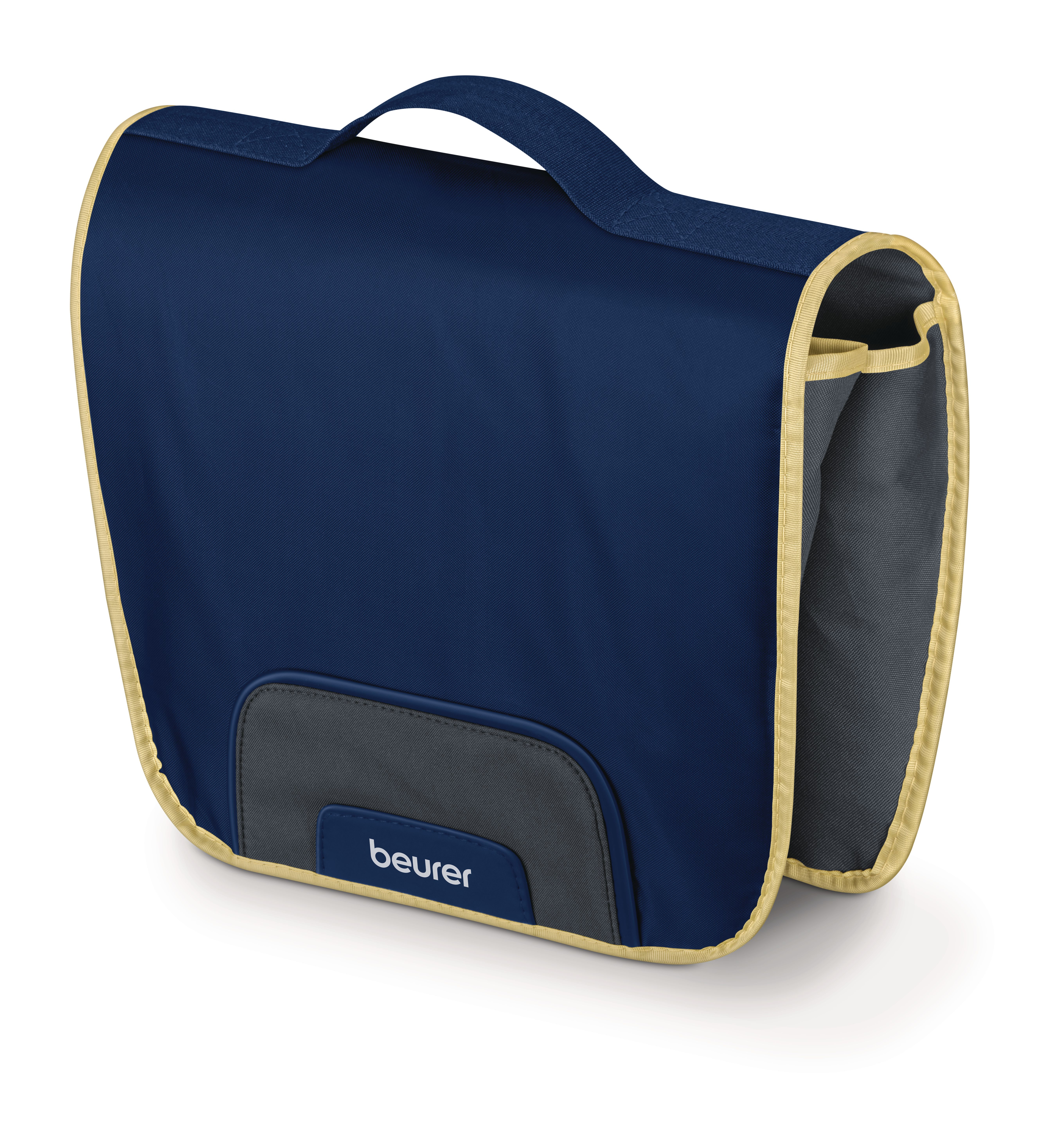 Dunkelblaue Tasche mit gelbem Rand und grauer Fronttasche mit Logo.