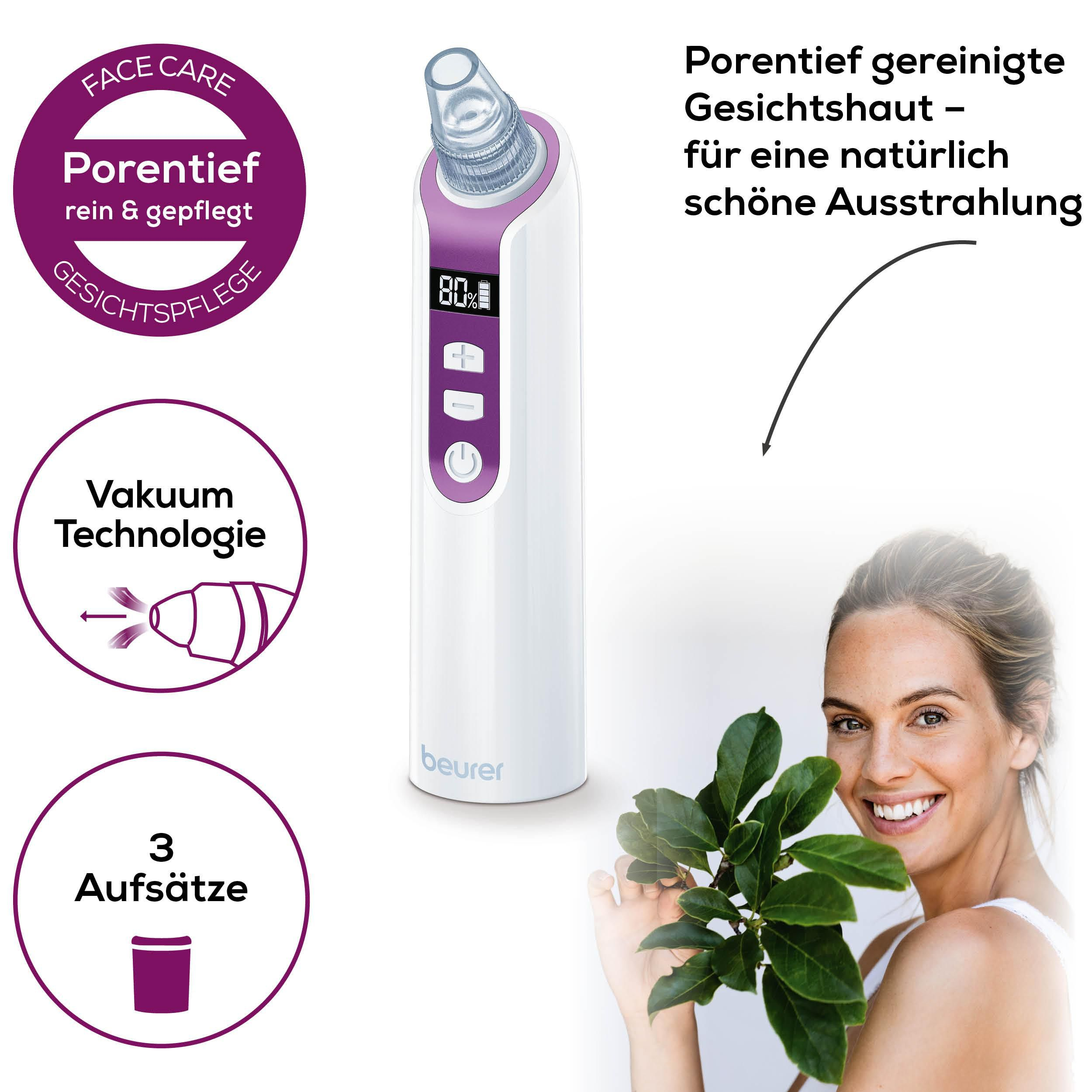 Beurer Porenreiniger mit Vakuumtechnologie und 3 Aufsätzen, neben einer lächelnden Frau.