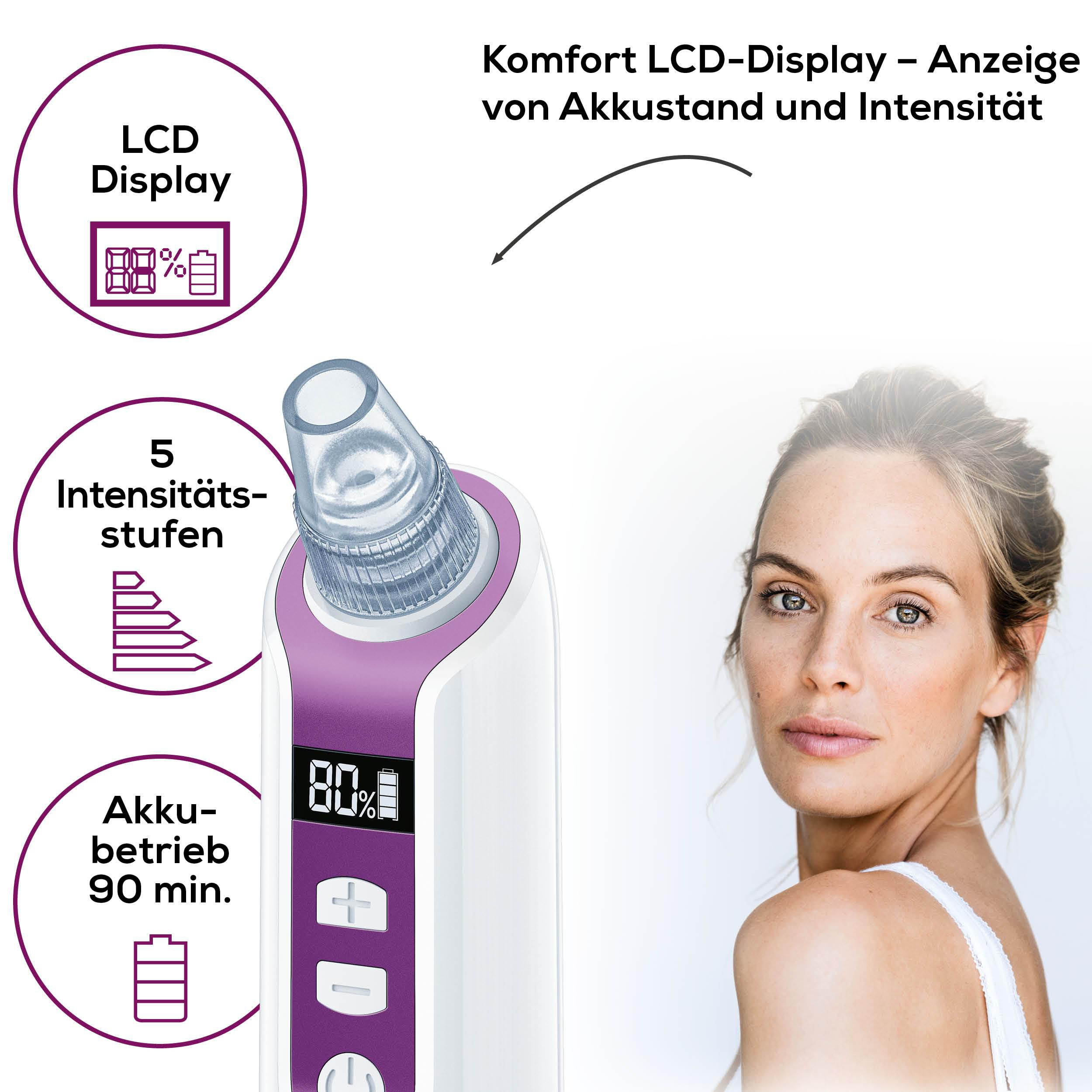 Nahaufnahme eines Hautpflegegeräts mit LCD-Display, das 80% Akku anzeigt.