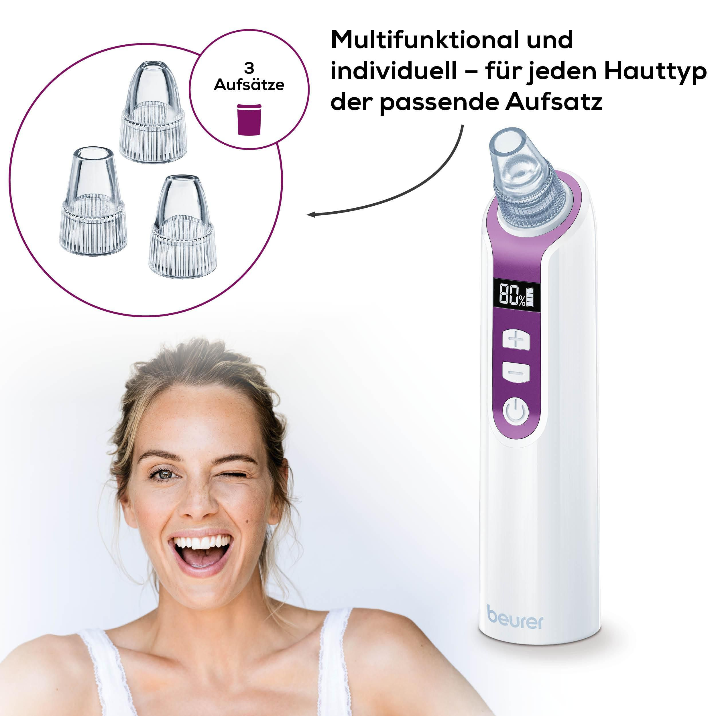 Ein weiß-violetter Beurer Hautanalysegerät mit drei Aufsätzen und einer lächelnden Frau.