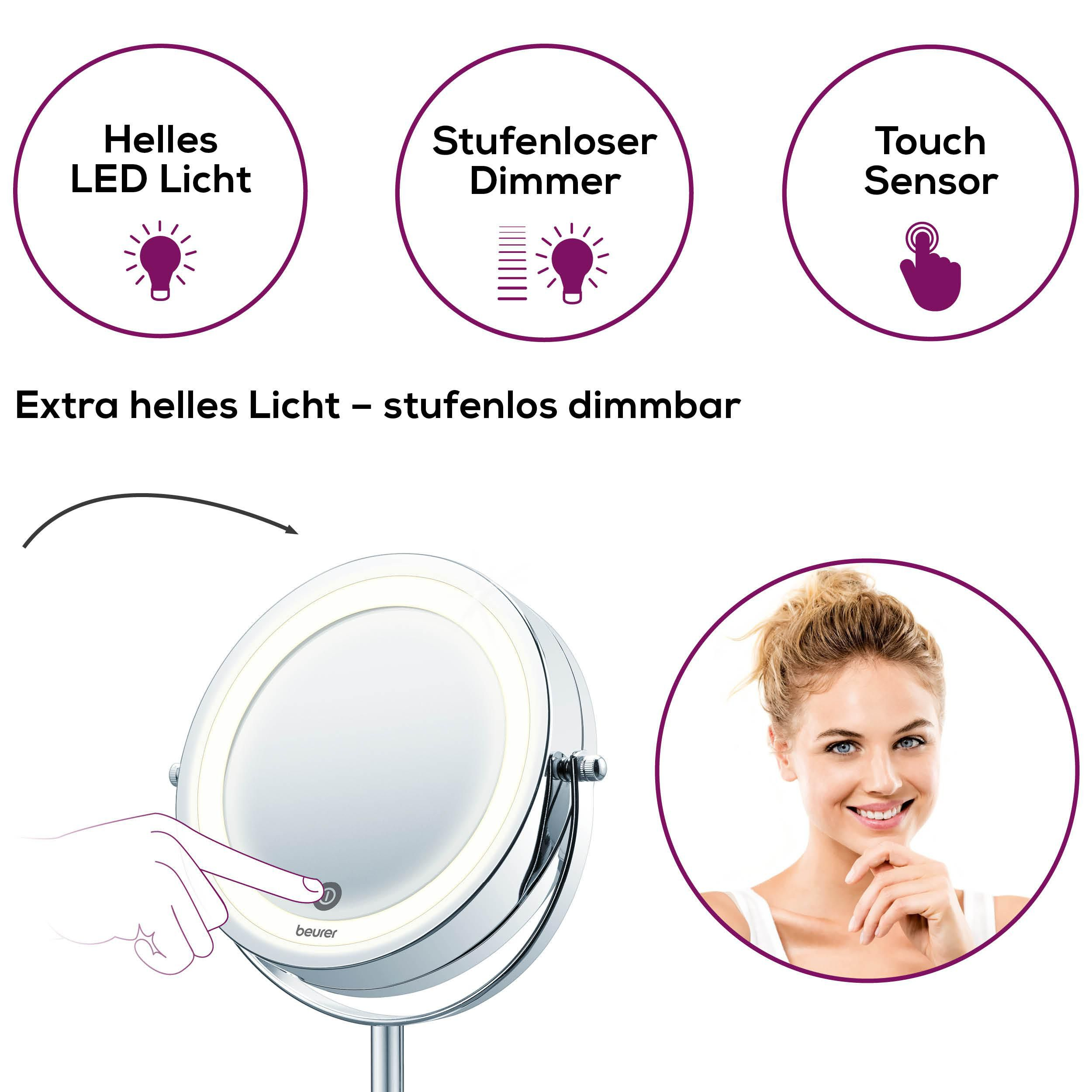 Ein beleuchteter Schminkspiegel mit Touch-Sensor und stufenloser Dimmfunktion.