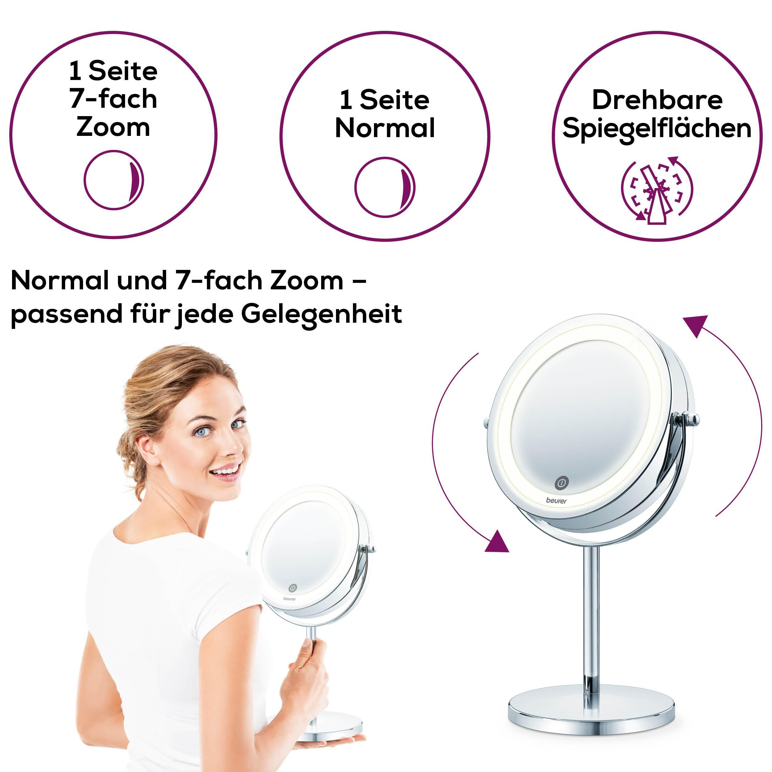 Beleuchteter Schminkspiegel mit 7-fach Zoom und normaler Seite.