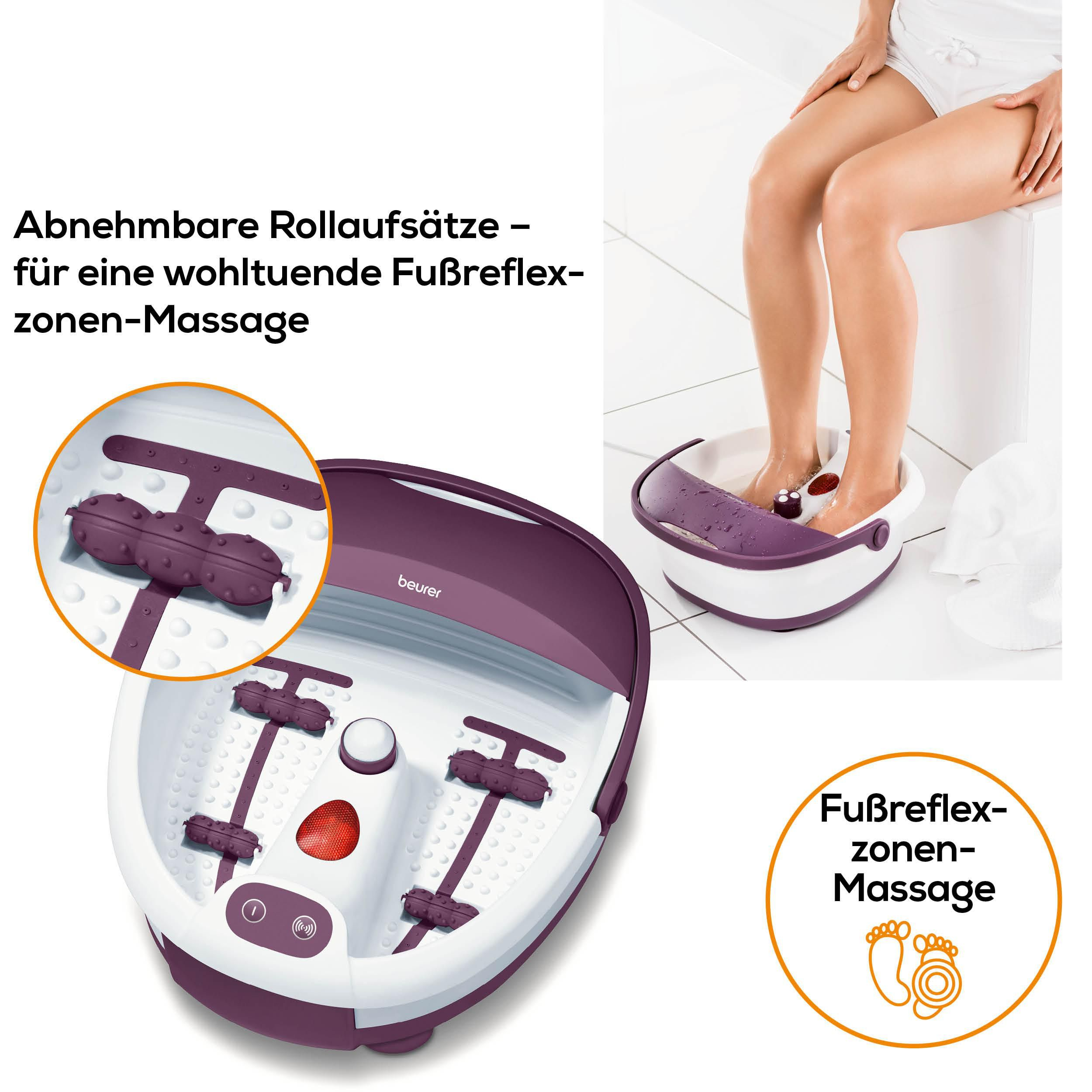 Ein lila Fußbad mit abnehmbaren Massageaufsätzen für Fußreflexzonenmassage.