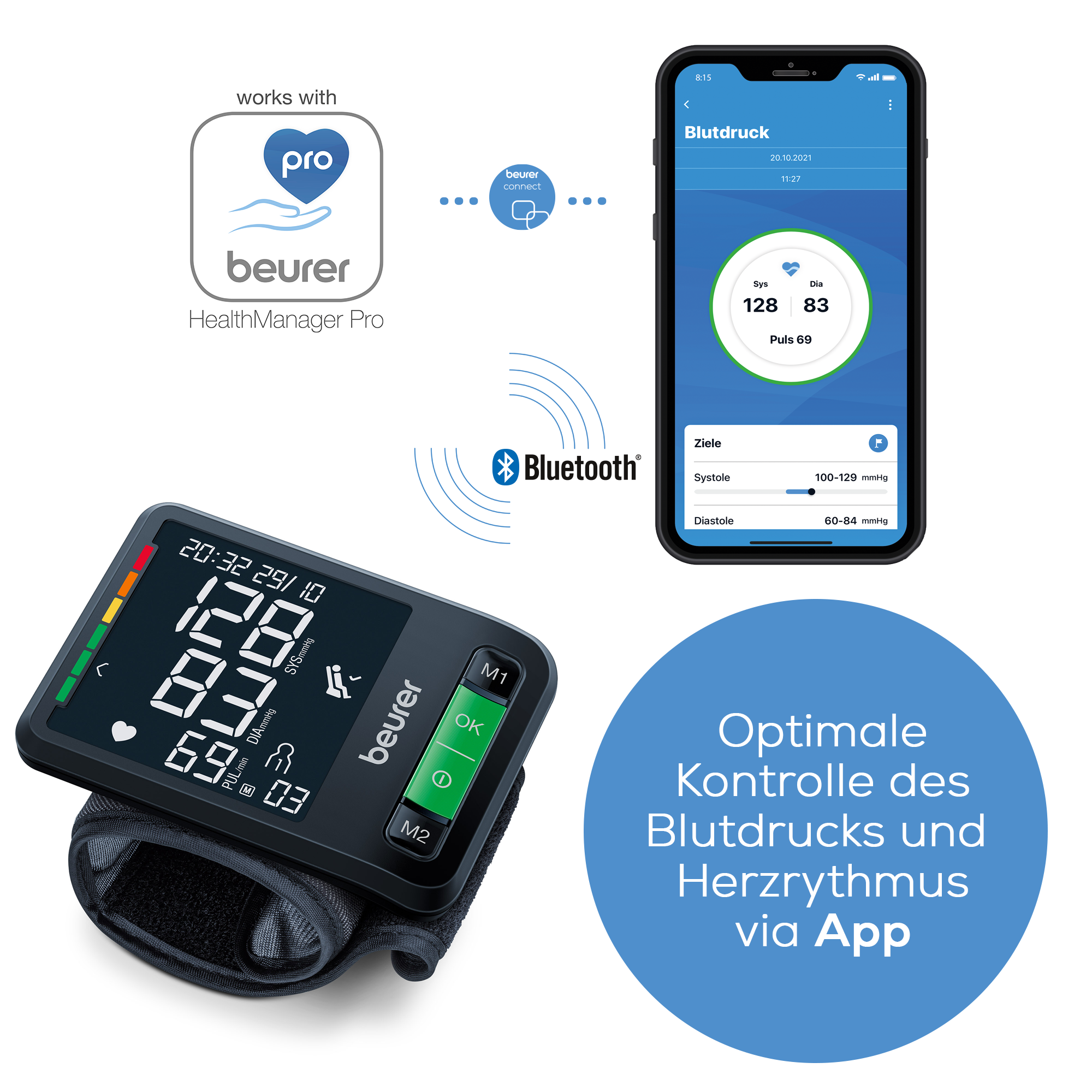 Beurer Blutdruckmessgerät mit App-Anzeige und Bluetooth-Symbol.