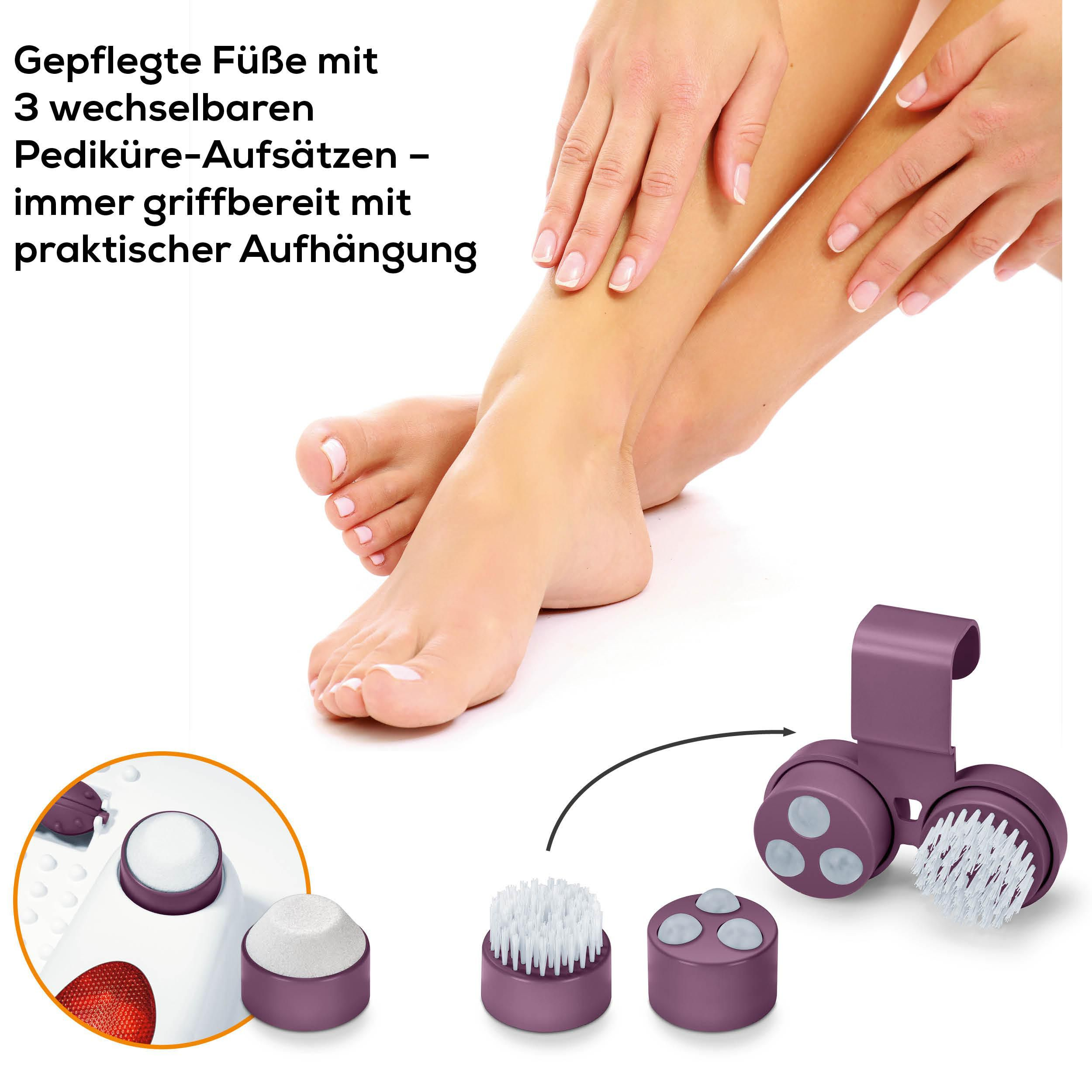 Gepflegte Füße mit 3 wechselbaren Pediküre-Aufsätzen, praktisch aufhängbar.