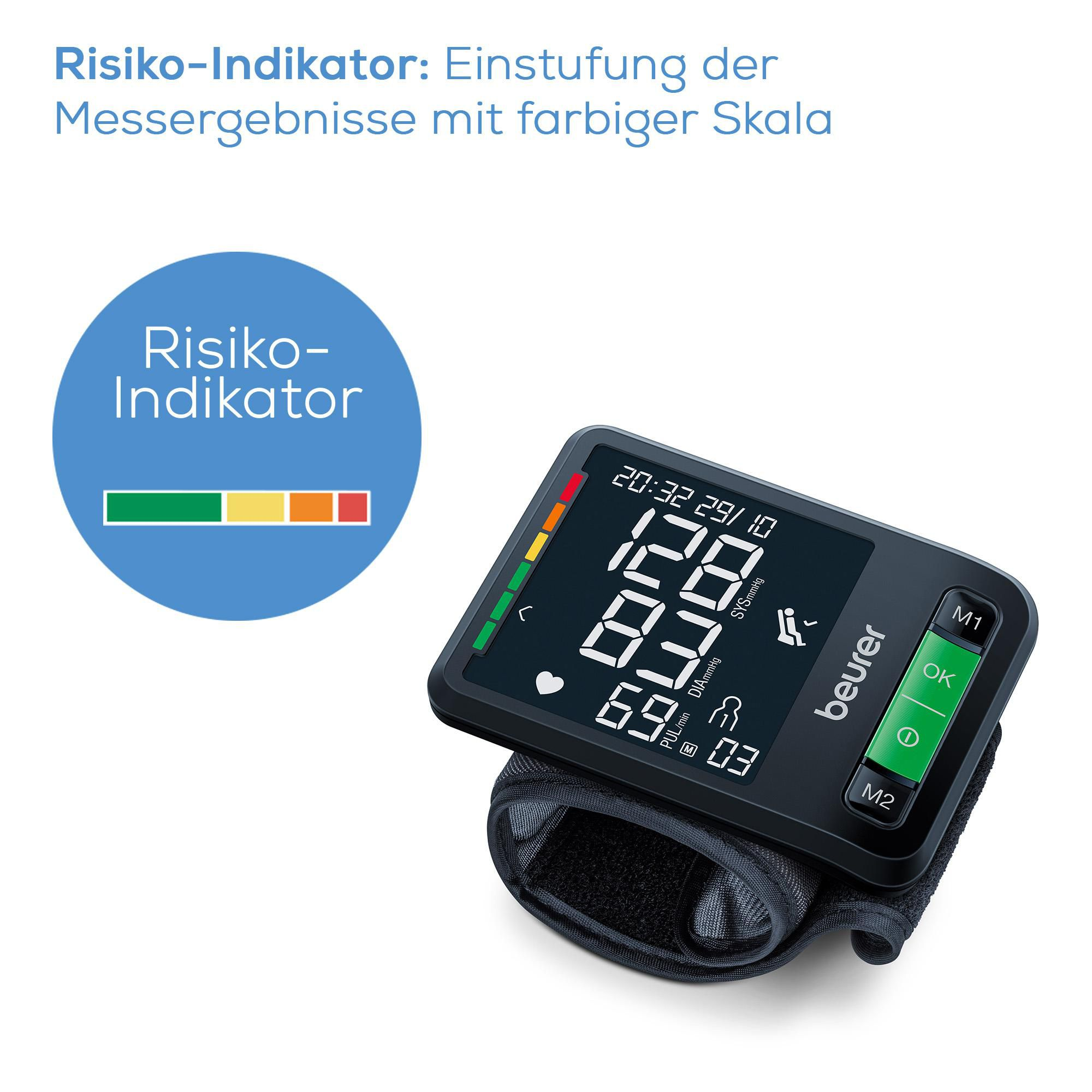 Blutdruckmessgerät mit Risikoindikator und farbiger Skala.
