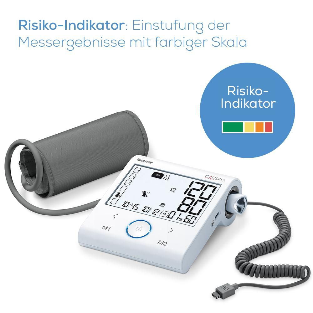 Weißes Blutdruckmessgerät mit Manschette. Digitalanzeige zeigt 120/80 mmHg.