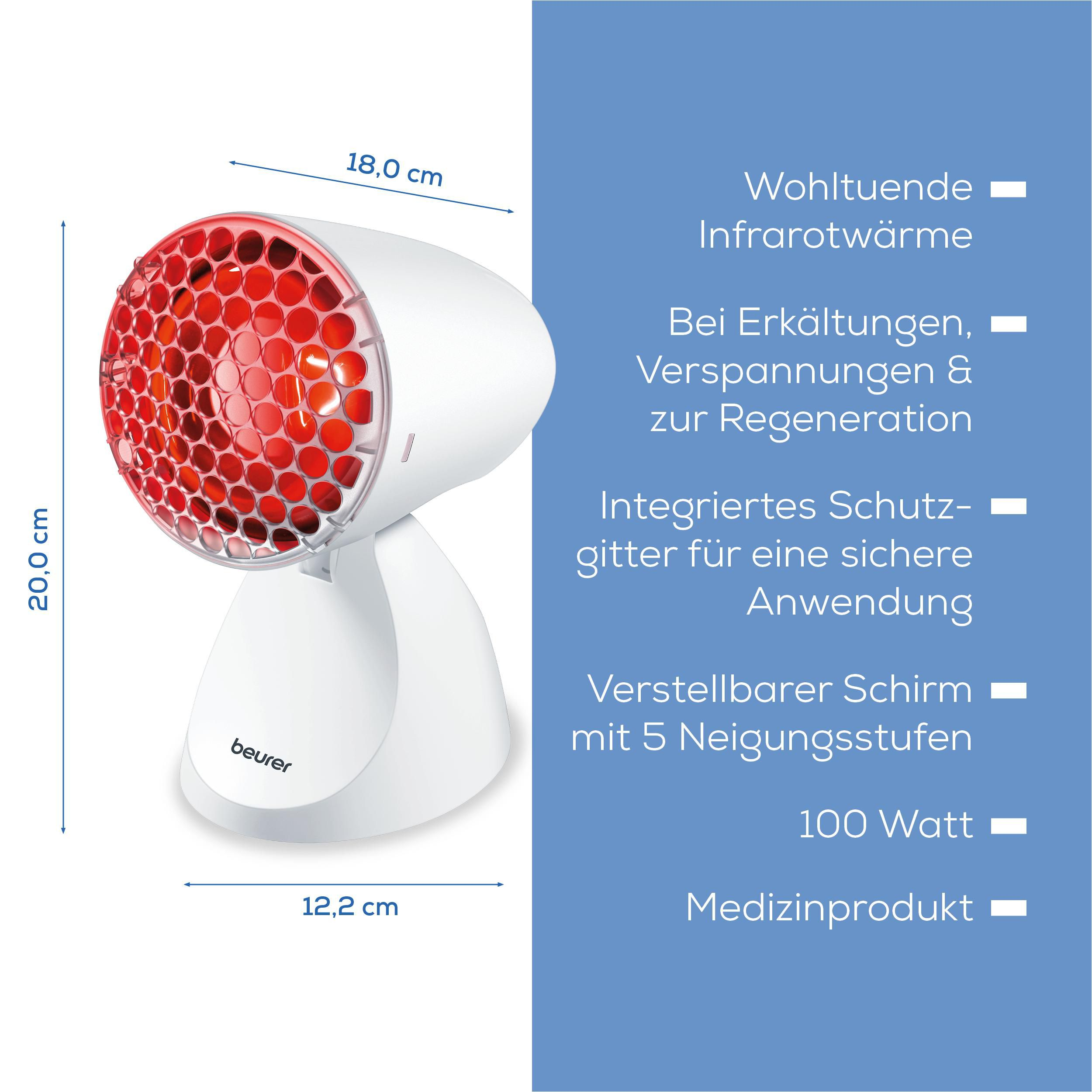 Ein weißer Infrarotwärmestrahler von Beurer mit roten Leuchtelementen und Maßangaben.