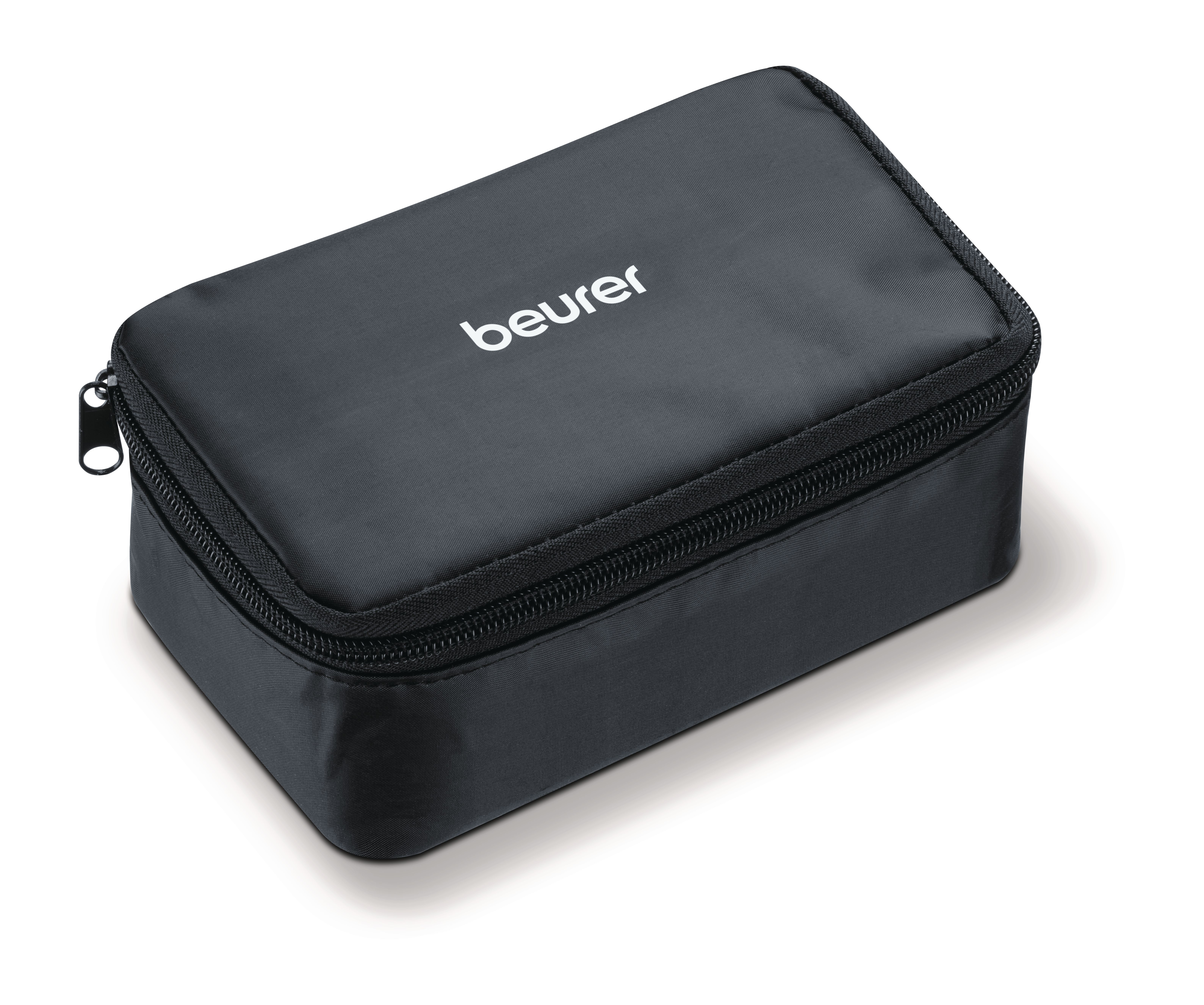 Schwarze Tasche mit Reißverschluss und "beurer"-Logo. Weiße Beschriftung.