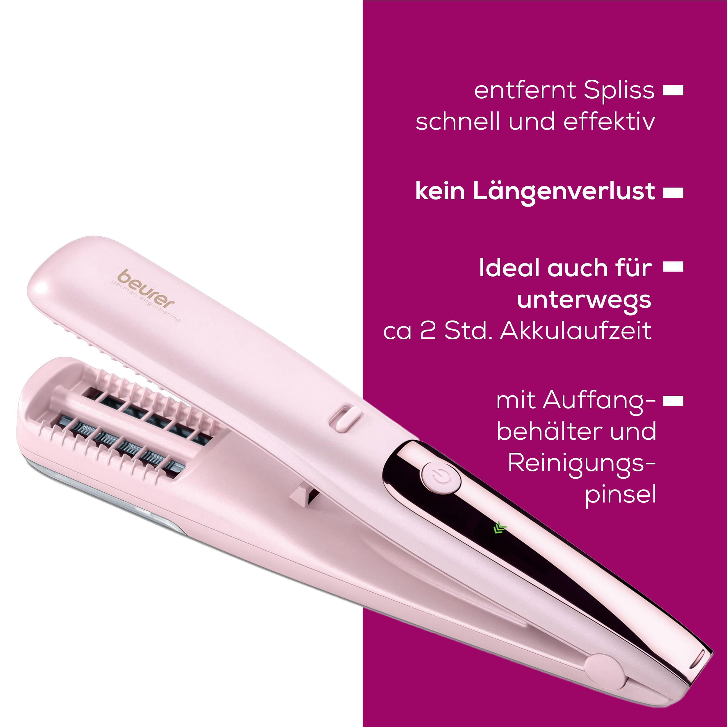 Ein rosafarbener Haarglätter mit Kammaufsätzen und Anzeigelicht.